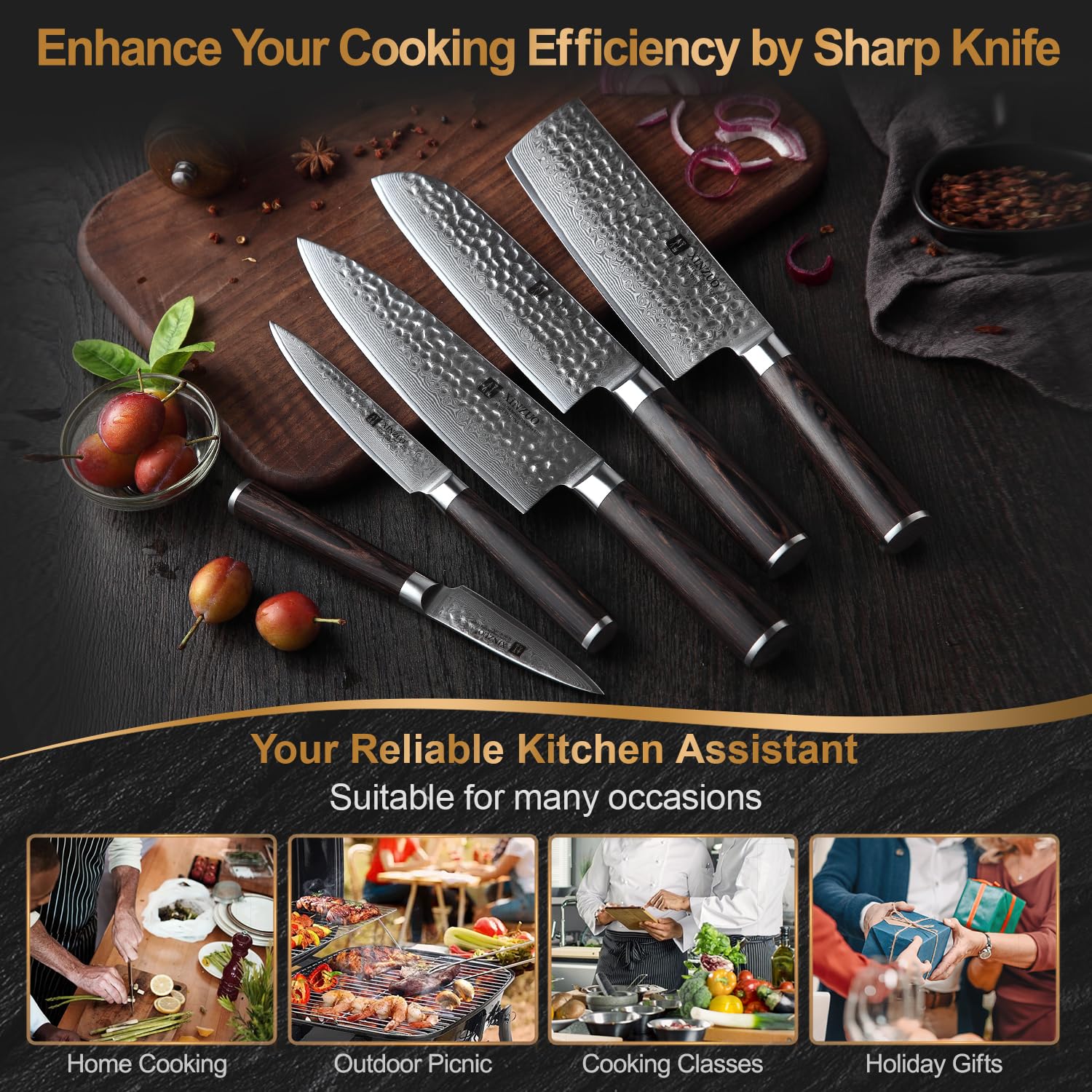 XINZUO 5 Pièces Ensemble de Couteaux de Cuisine Finition Martelée 67 Couches Acier Damas Tranchant Couteau de Chef Santoku Nakiri Universel Fruits Couteaux professionnels -Poignée en Bois de Pakka