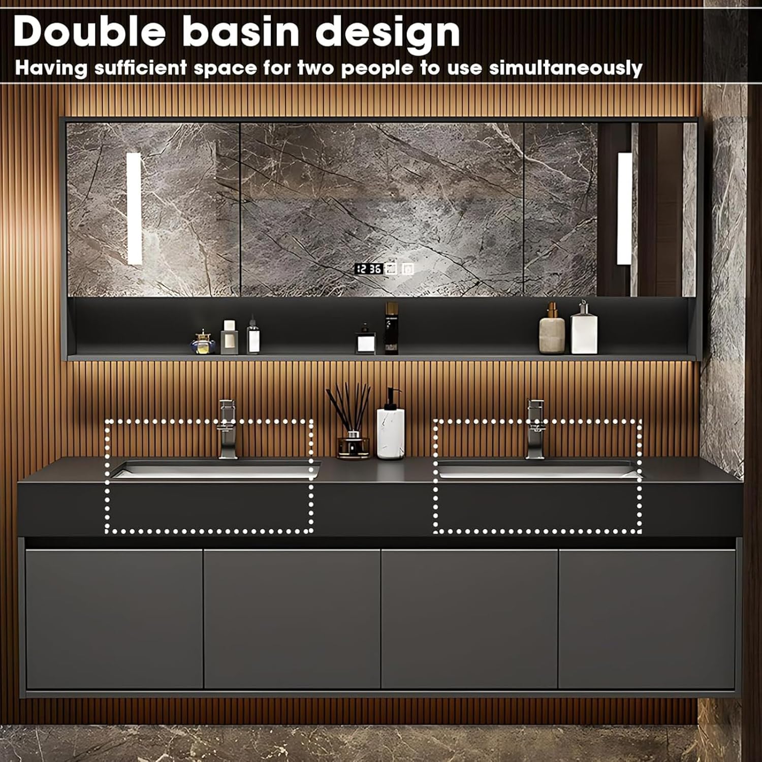 Double Bathroom Vanity with Sink - Solid Wood Double Basin Floating Bathroom Vanities Set, Thick Slate Top and Glazed Ceramic Basin, Wall Mounted Bathroom Cabinet with LED Smart Mirror (72IN)