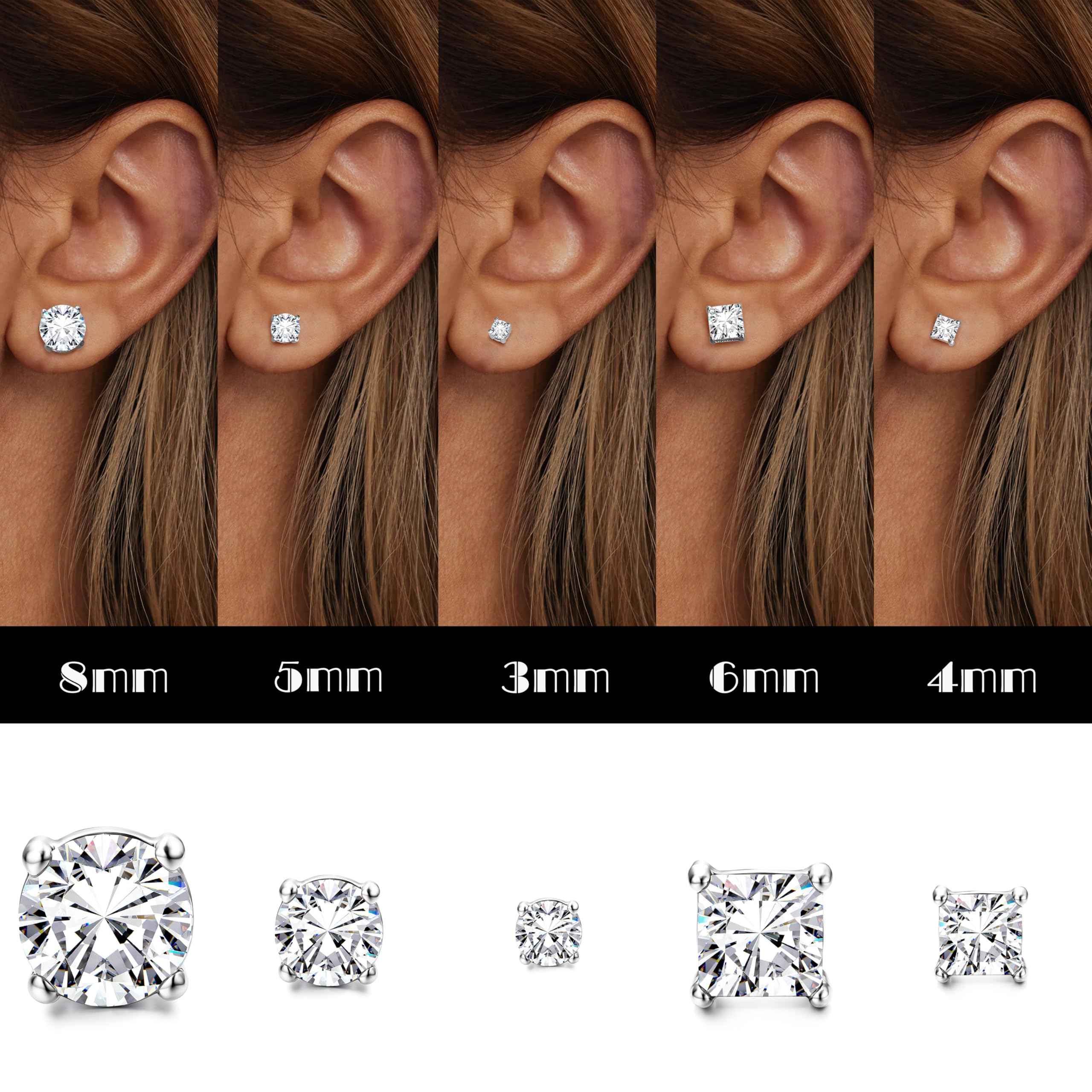 Pendientes de plata de ley 925 para hombre 5 pares de pendientes chapados en oro de 14k para las mujeres redondas y cuadradas de zirconia cúbica hipoalergénica arete tamaño 3/5/8mm