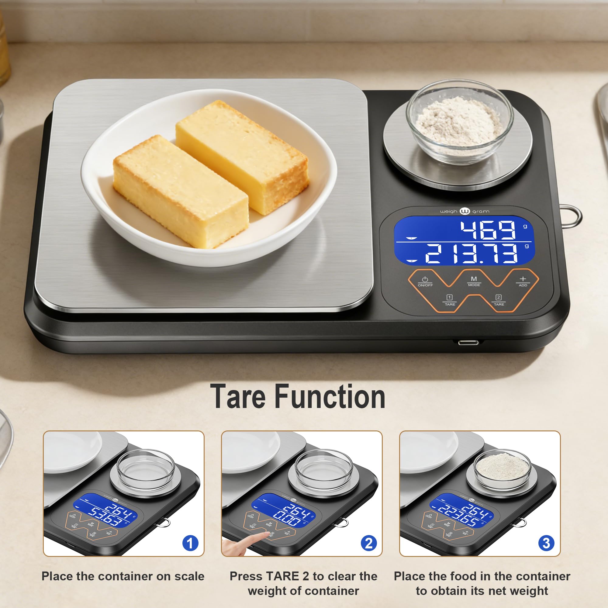 Weigh Gram 0,01 g/5 kg Dual-Plattform-Küchenwaage, digitales Gewicht, Gramm und Unzen, zwei Präzisions-Küchenwaage für Sauerteigbrot, Backen und Kochen, mit 7 Einheiten Tare, Akkumulationsfunktionen