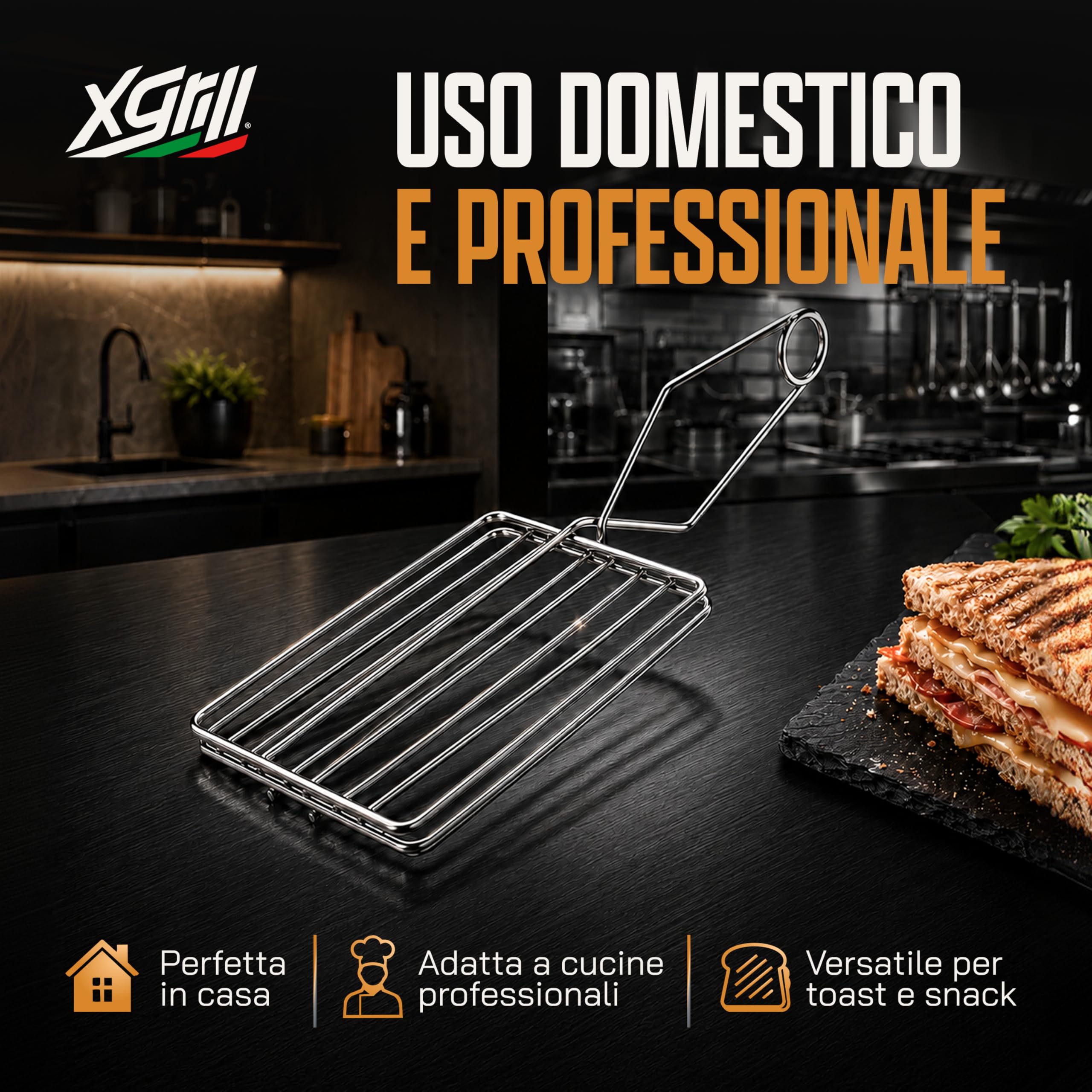 XGRILL | Pinza per Toast 18x10 cm in Acciaio cromato con Manico Ergonomico | Pinza Tostapane per Toast e Snack | Uso Domestico e Professionale | Made in Italy