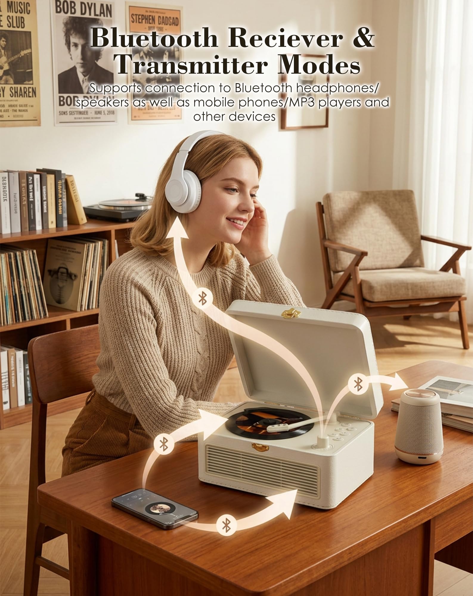 Lecteur CD Portable Bluetooth, Radio rétro avec Lecteur CD, Haut-Parleur, supporte la Lecture USB & AUX, avec télécommande, Housse antipoussière en Cuir PU, Blanc