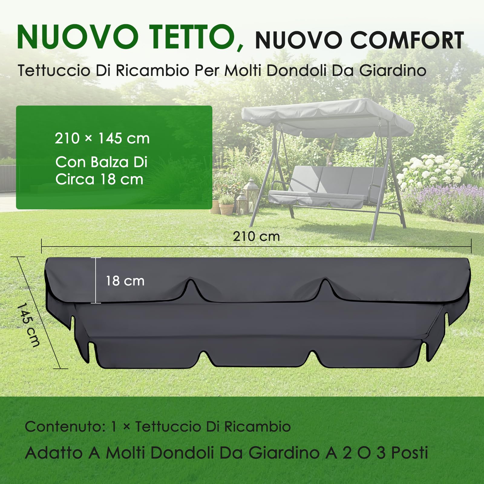 Tetto di Ricambio per Dondolo da Giardino (200×120cm) | Grigio, Poliestere, Impermeabile, Anti-UV, Per dondolo da giardino a 3 posti, Facile da installare