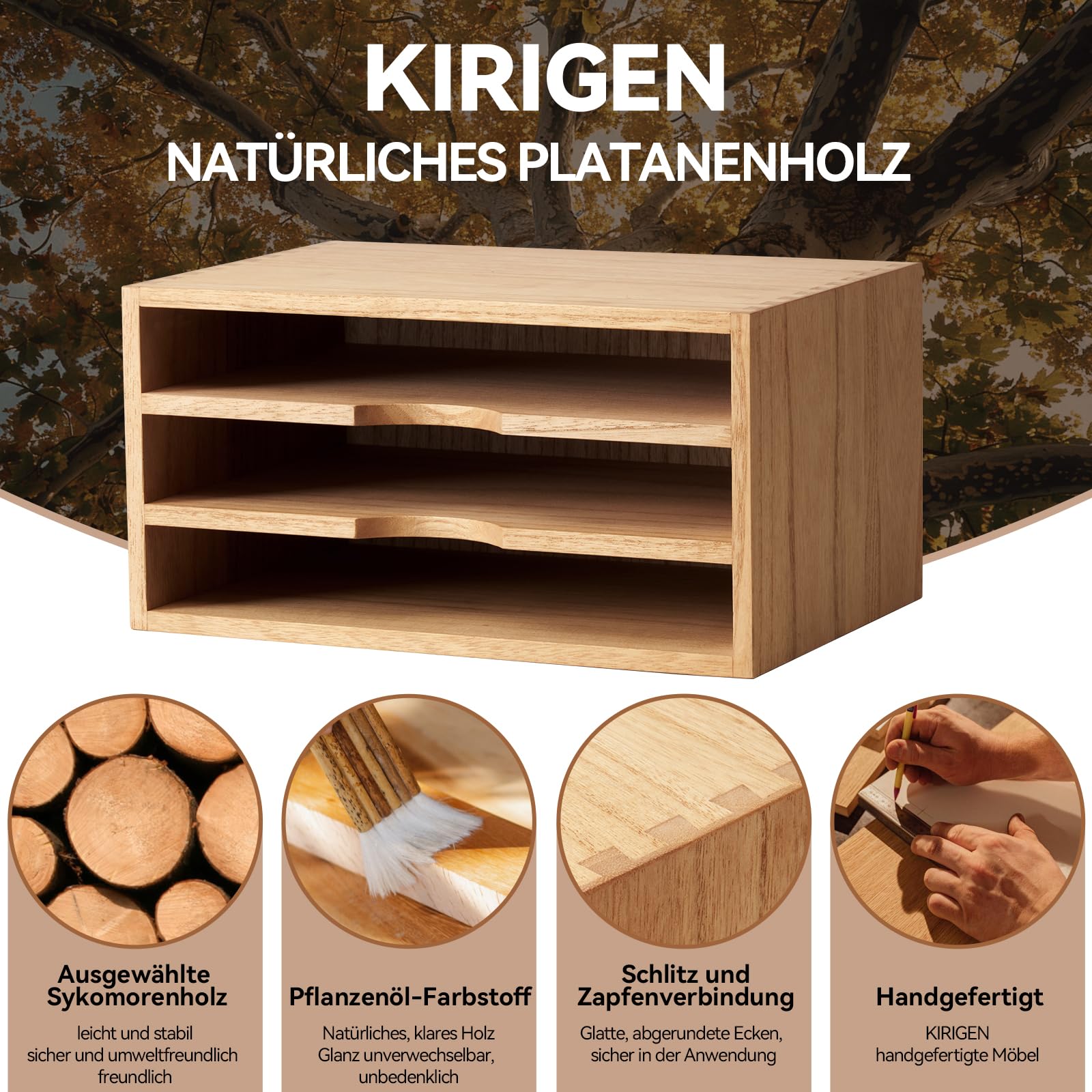 KIRIGEN Schreibtisch-Organizer aus Paulownia-Holz, Dokumentenablage mit 3 Fächern, 35 x 24 x 18 cm, Briefablage und Papierablage für Büro, Homeoffice und Arbeitszimmer, Natur