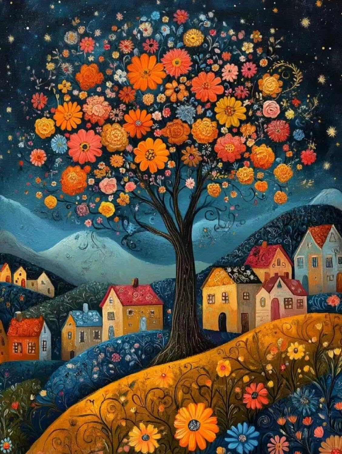 Rqwybcaxn Embroidery Beads Kit Starry Sky and Town 40x50cm