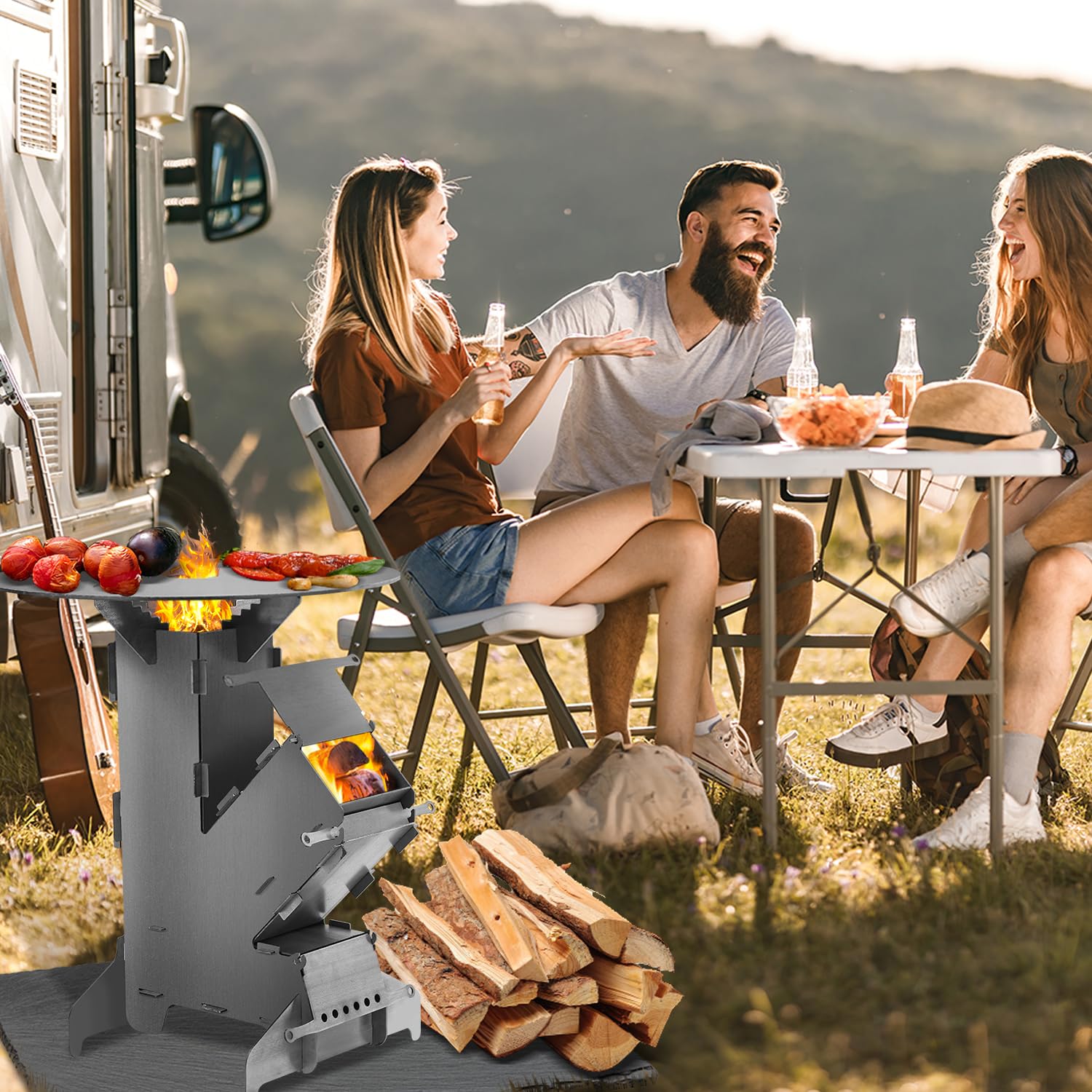Raketenofen inkl. Grillplatte und Feuerhaken Rocket Stove Stecksystem aus massivem 3 mm dickem Stahl Campingkocher mit 2 zusätzlichen Standfüßen Kanonenofen BBQ Rakete Holzofen
