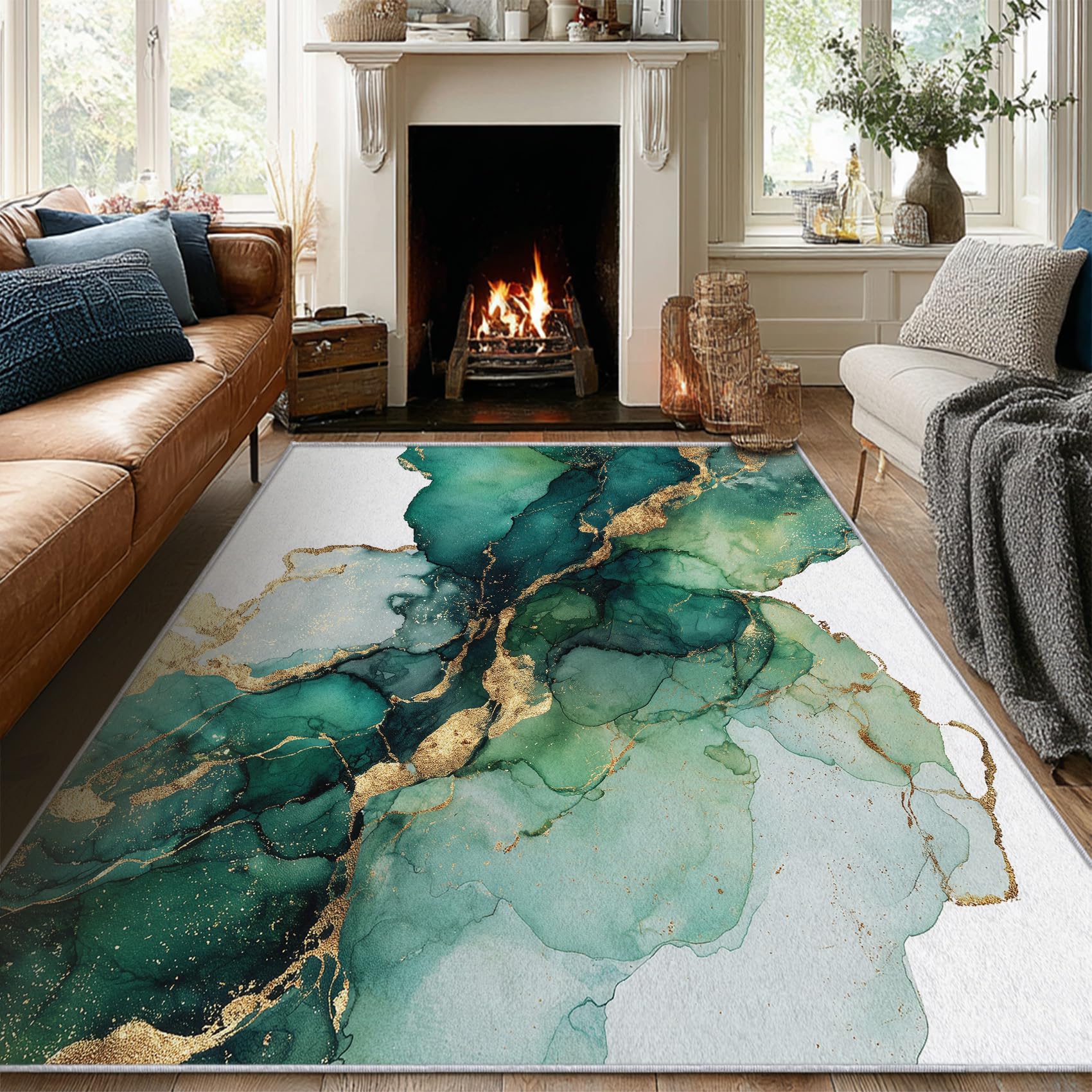 Generisch Tie-Dye Teppich Klein 80 x 150 cm Wohnzimmer Mit Grün Gold Marmor Muster, Tie-Dye Bettvorleger Schlafzimmer Deko, Waschbar Teppiche Gegend Kurzflor rutschfest