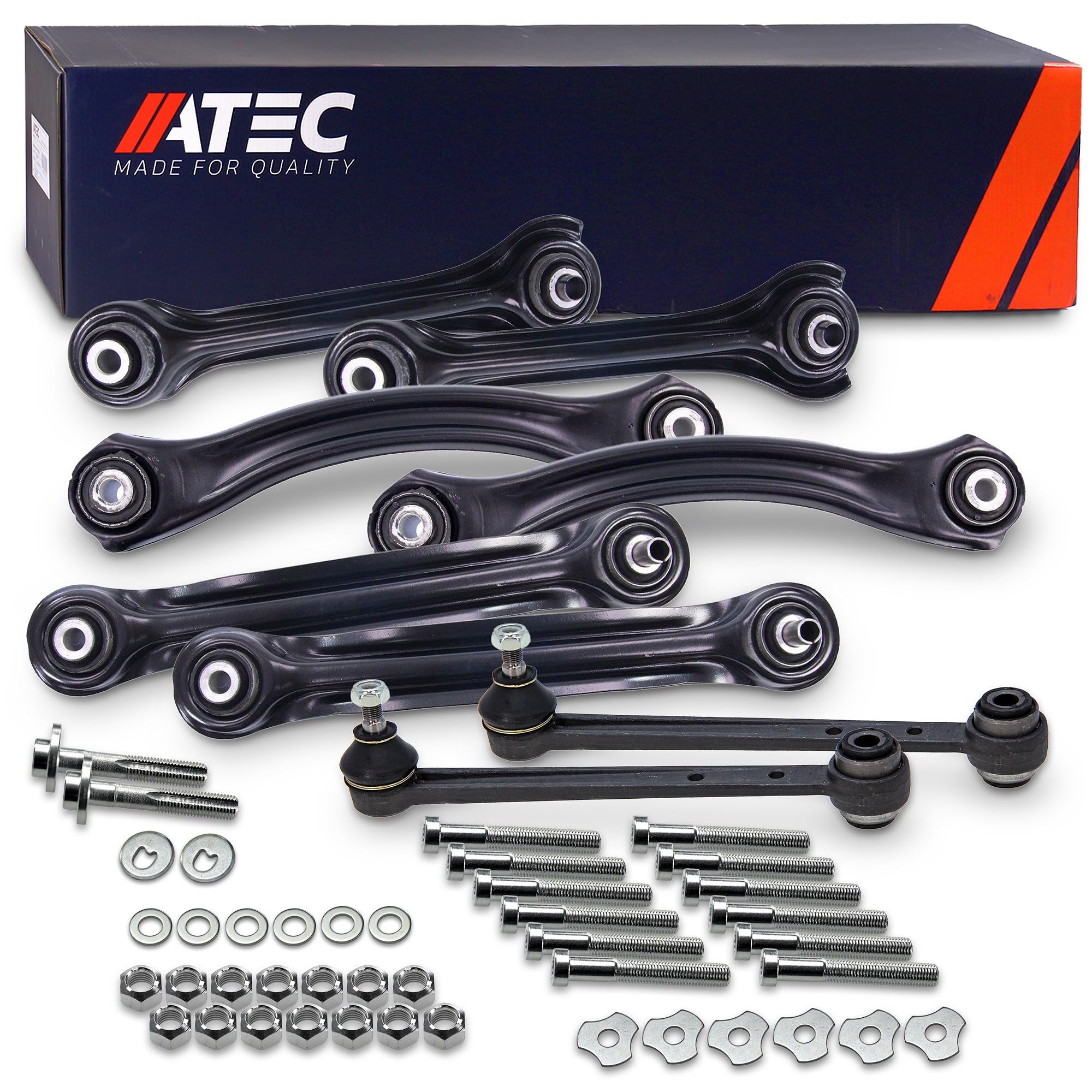 ATEC Germany Querlenkerset 2x Querlenker Hinterachse hinten unten vorne, 2x Querlenker Hinterachse hinten oben vorne, 2x Sturzstrebe, 2x Spurstange Hinterachse + Anbaumaterial