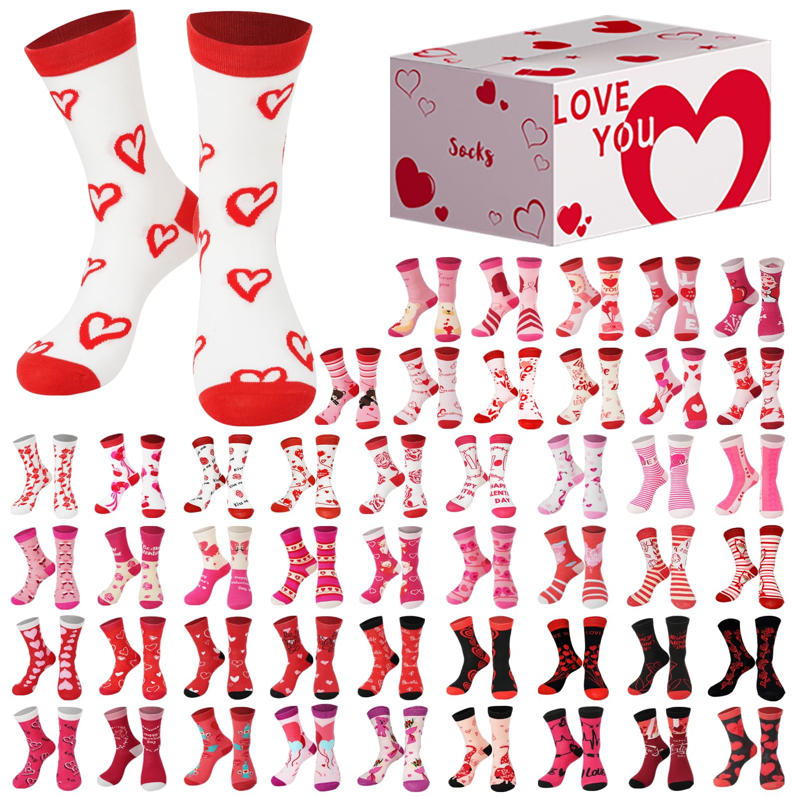 Photo 1 of Valentines Socks Heart Socks for Women Cute Patterned Bulk Socks Valentines Day Gifts with Box One Size 48 Pairs B