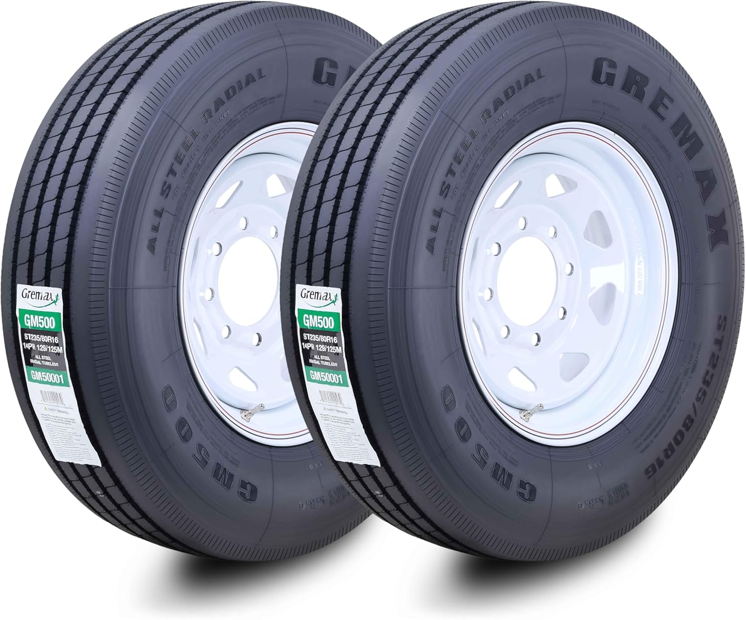GREMAX All Steel Trailer Tire Wheel Assembly ST235/80R16 16-Ply H 130/126M w/8 Lug on 6.5" PCD White Spoke Wheel,SET 2