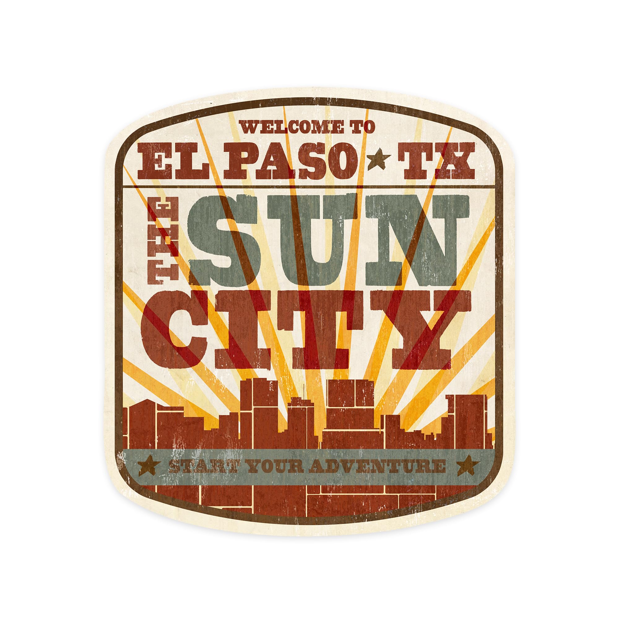 Lantern Press Sticker El Paso, Texas, Skyline and Sunburst Screenprint Style, Die Cut Vinyl, (Waterproof Decal for Cars, Water Bottles, Laptops, Coolers), Small