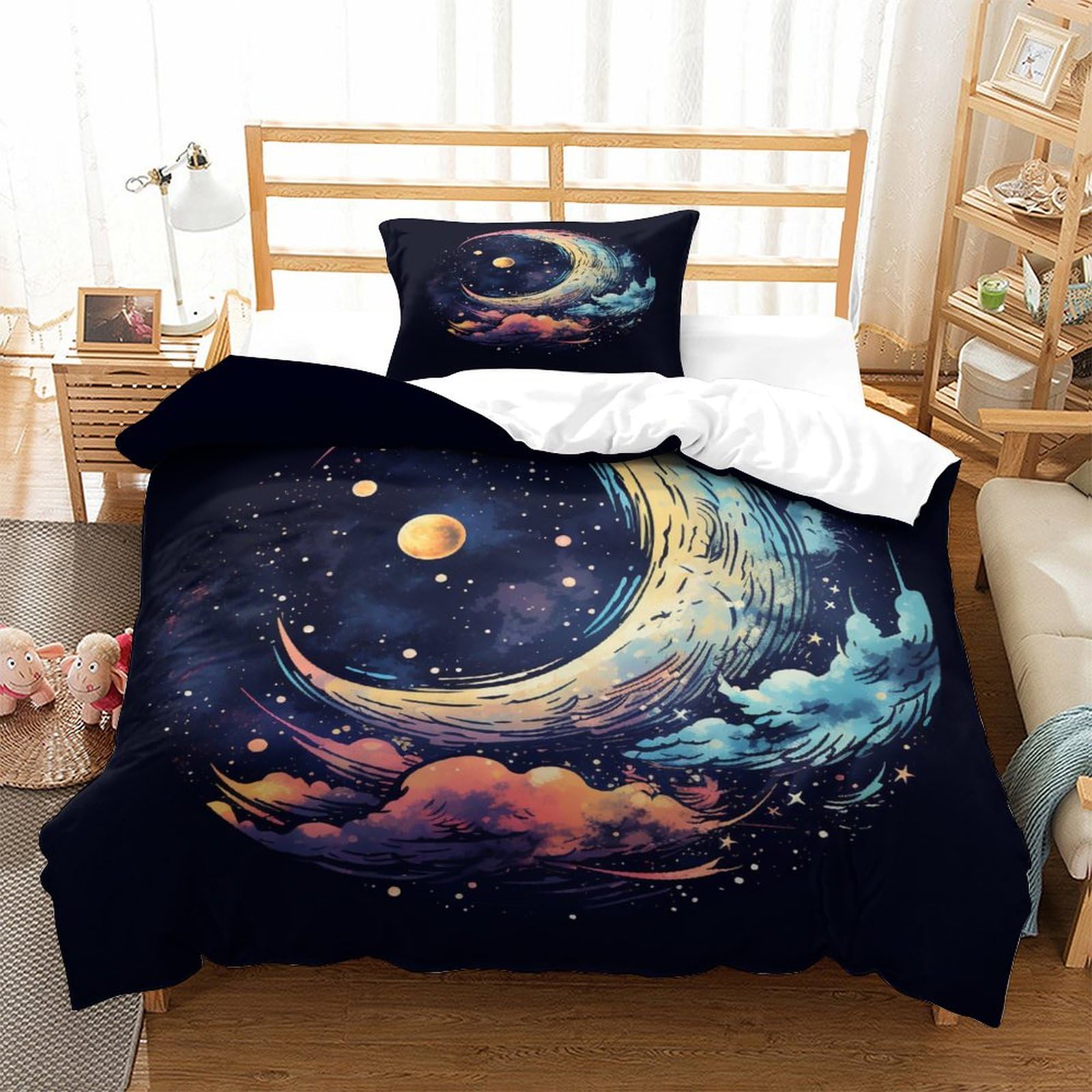 P1S9U7W5Y Dreamy Star Moon 3D Printed Duvet Cover Set 3pcs Microfiber Sky Bedding Set Single