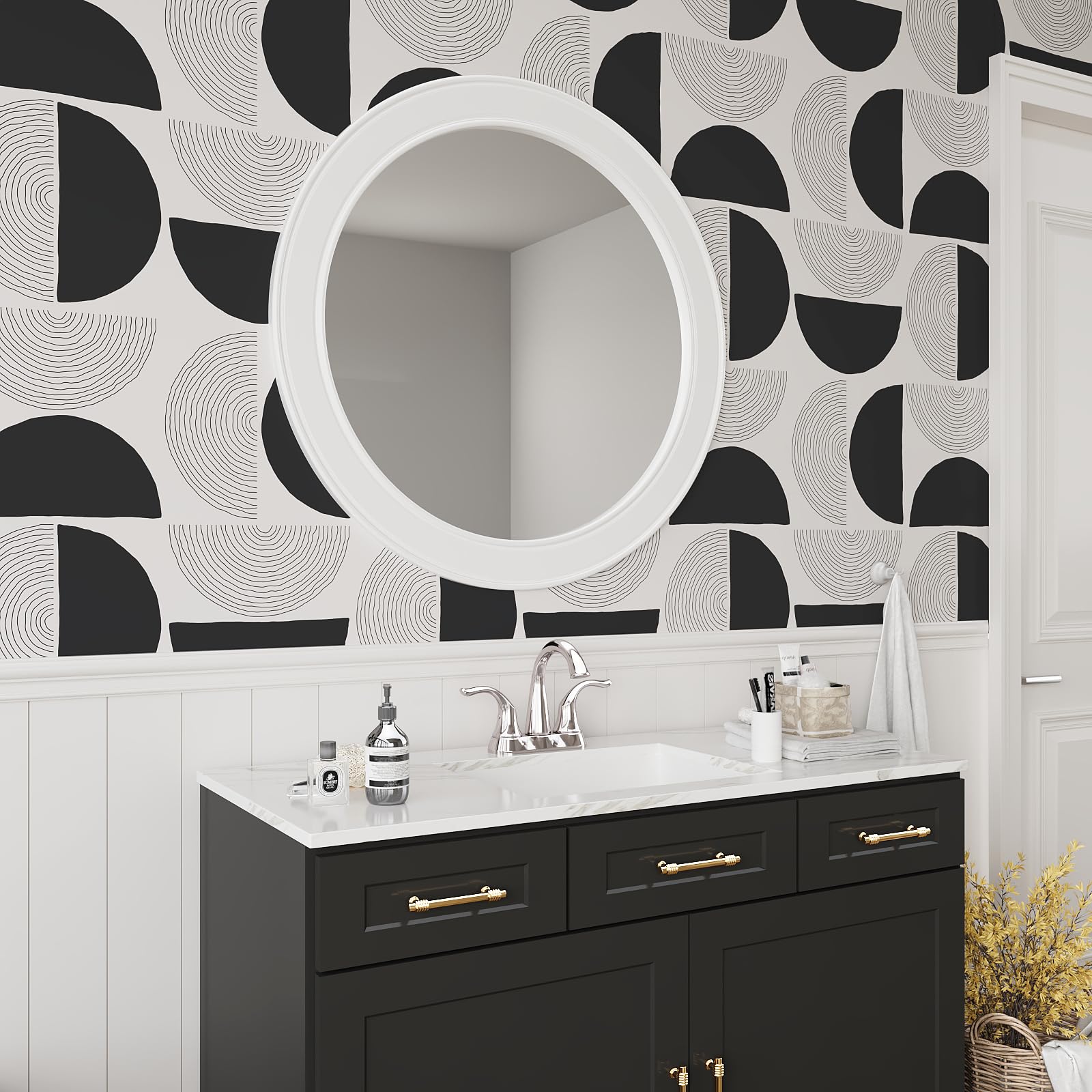 VEELIKE Black Grey Geometric Wallpaper Mid Century Modern Geometric Wallpaper for Bedroom Bathroom Patterned Sticky Back Plastic Art Wall Décor Livingroom Cabinets Wall Mural Removable 44.5cm×300cm - Image 2