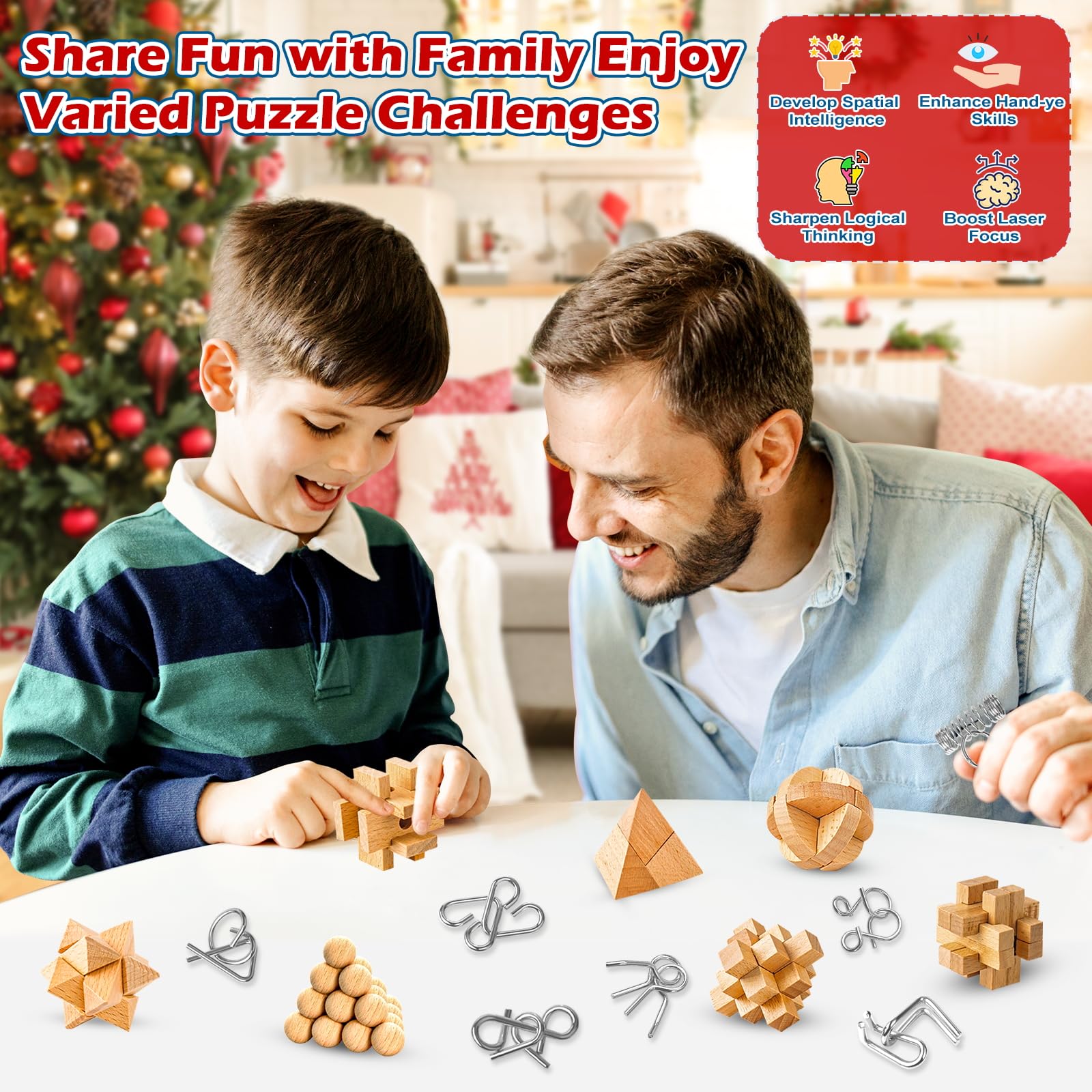 Adventskalender 2025, 24 stuks puzzelspellen, adventskalender met metalen puzzel geduldspellen, mini-denkspel, adventskalender voor kinderen, volwassenen, kerstkalender voor jongens en meisjes