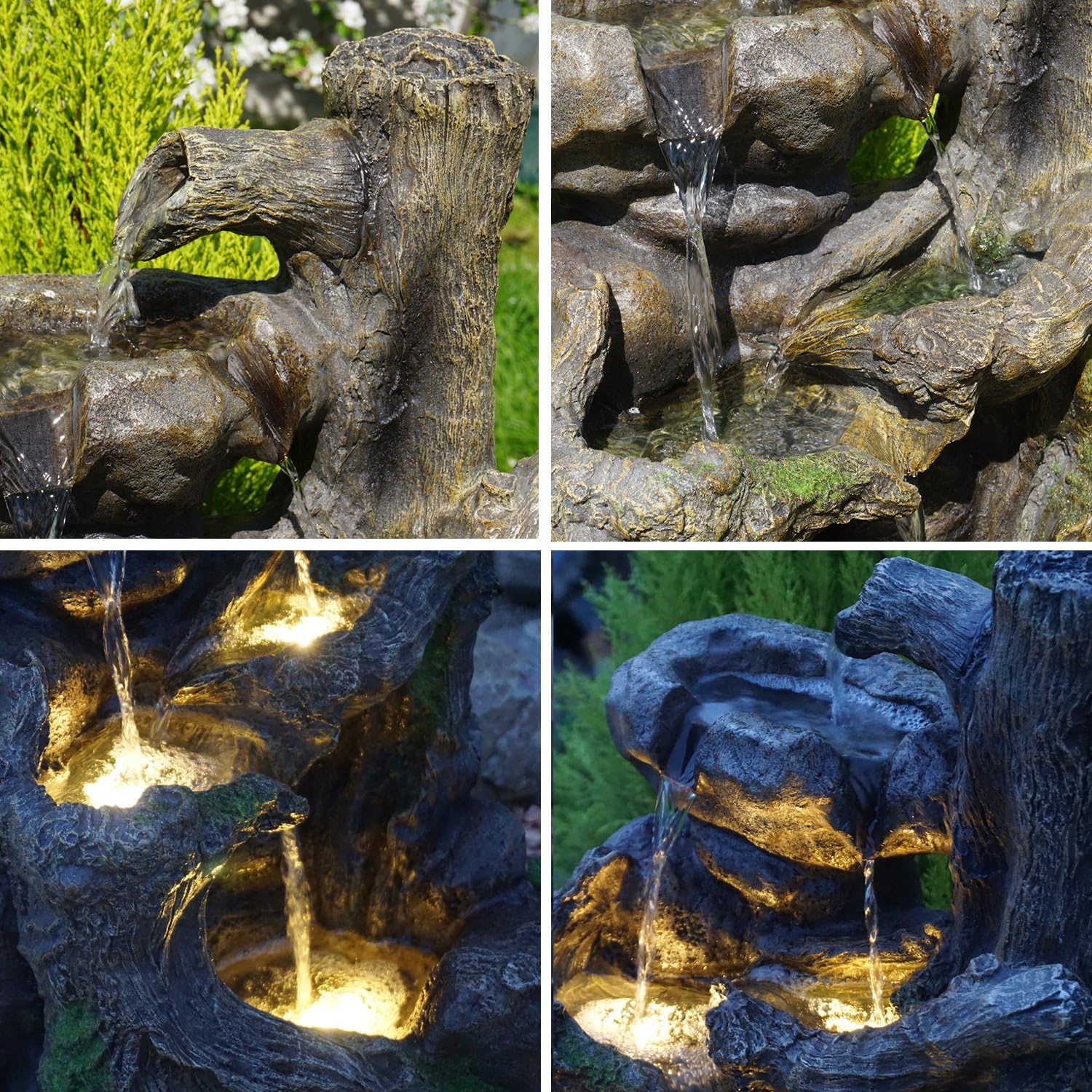 Fontana da giardino, fontana ornamentale, fontana da interno, fontana 230V cascata gioco d'acqua per giardino, laghetto da giardino, terrazza molto decorativo (BAUMWURZEL§STEIN-KASKADE con luce LED)