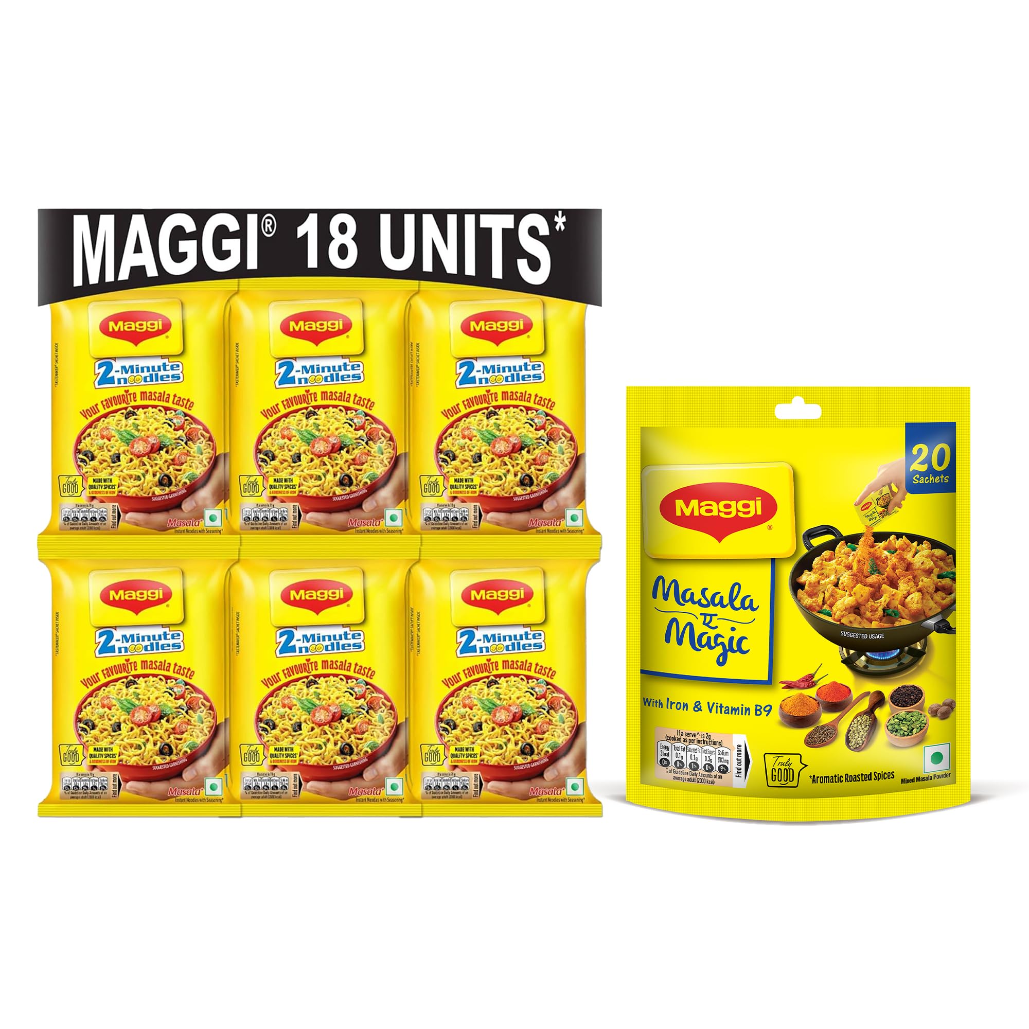 MAGGI 2-minute Instant Noodles, 1.2kg (18 pouches x 70g each) + Maggi Masala-Ae-Magic,120 g (20 Sachets)