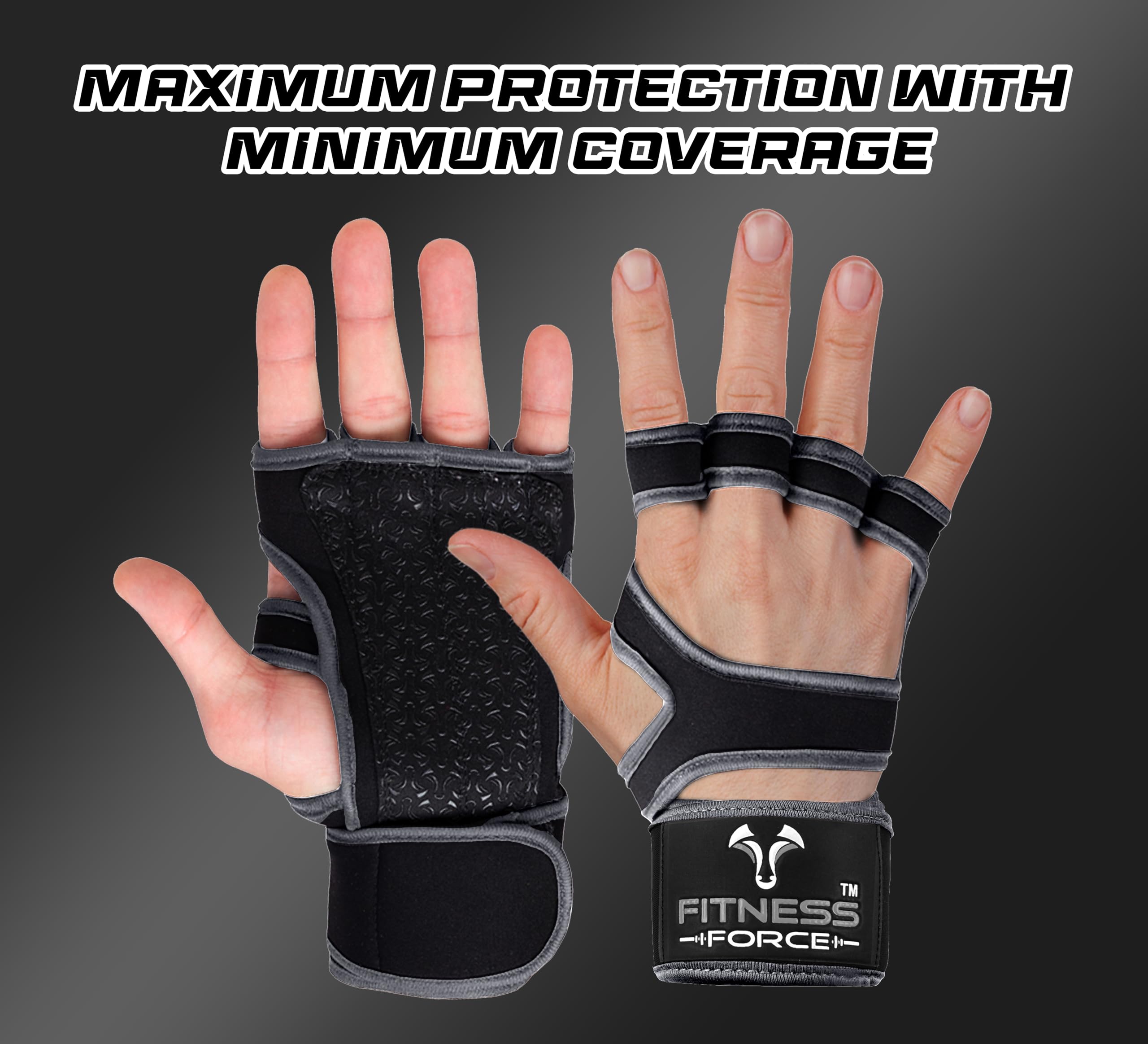 FITNESS FORCE Guantes de entrenamiento ventilados para hombres y mujeres con muñequeras integradas, guantes de gimnasio sin dedos para hombres, perfectos para ejercicio, fitness, levantamiento de