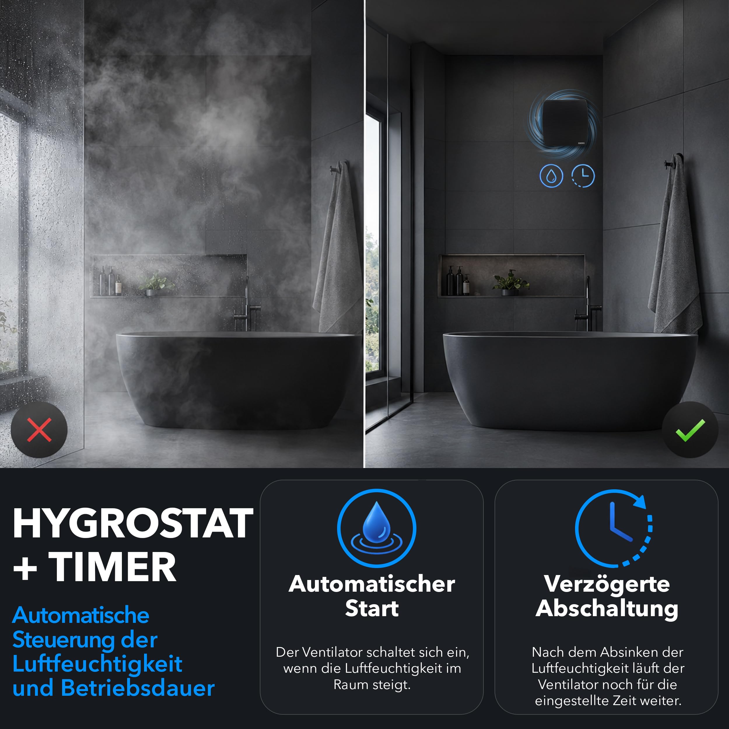 EBERG AXI 100 BHT Badventilator 100 mm schwarz mit Hygrostat, Timer und Rückschlagklappe, leiser Abluftventilator mit Kugellager für Bad und WC, Wand- und Deckenmontage