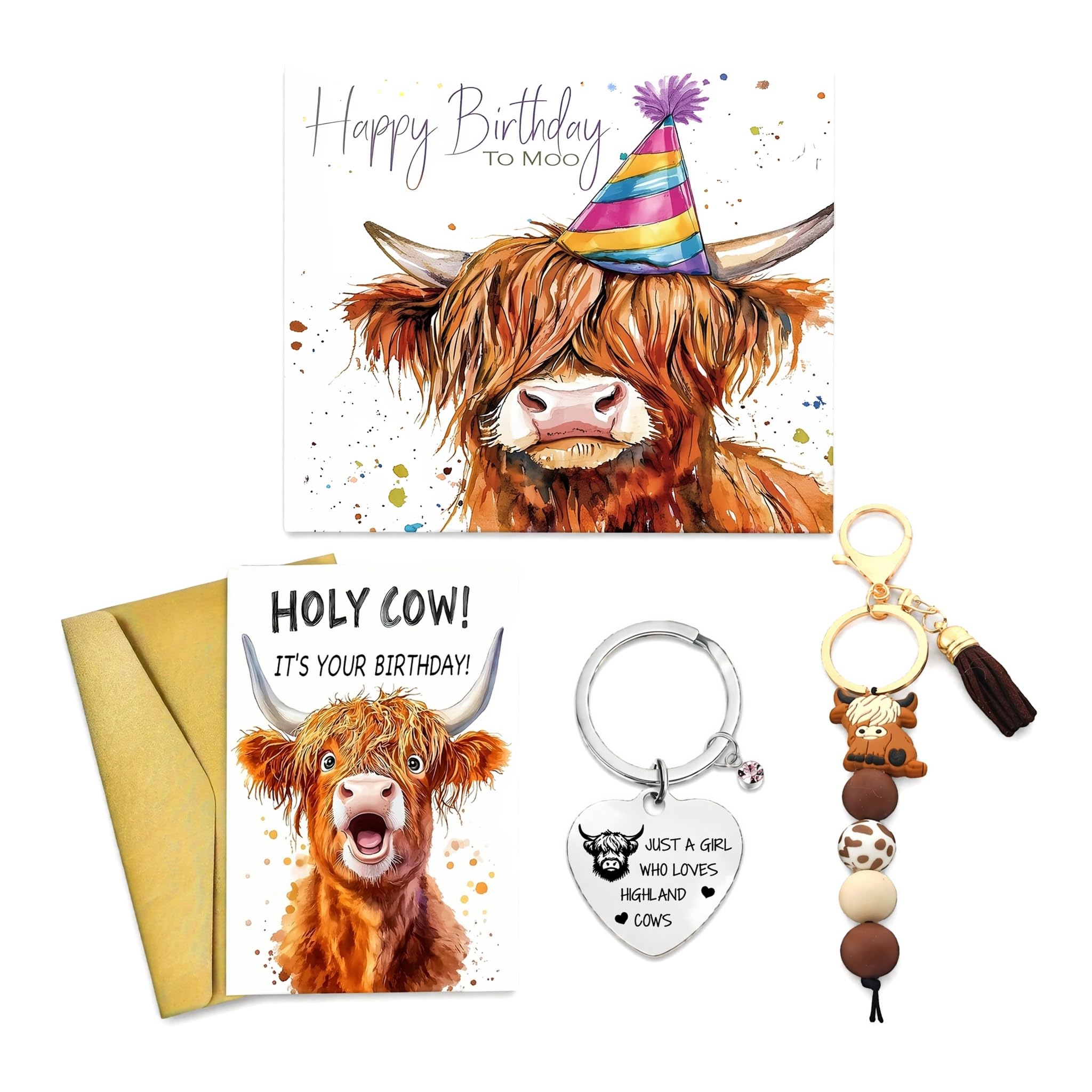 LEBKFT Highland Cow Gift Set, Stainless Steel Keyring and Silicone Bead Keychain with Birthday Card Cute Animal Keychain for Women Highland Cow Ornaments for Birthday & Party Favors (1) — image 1
