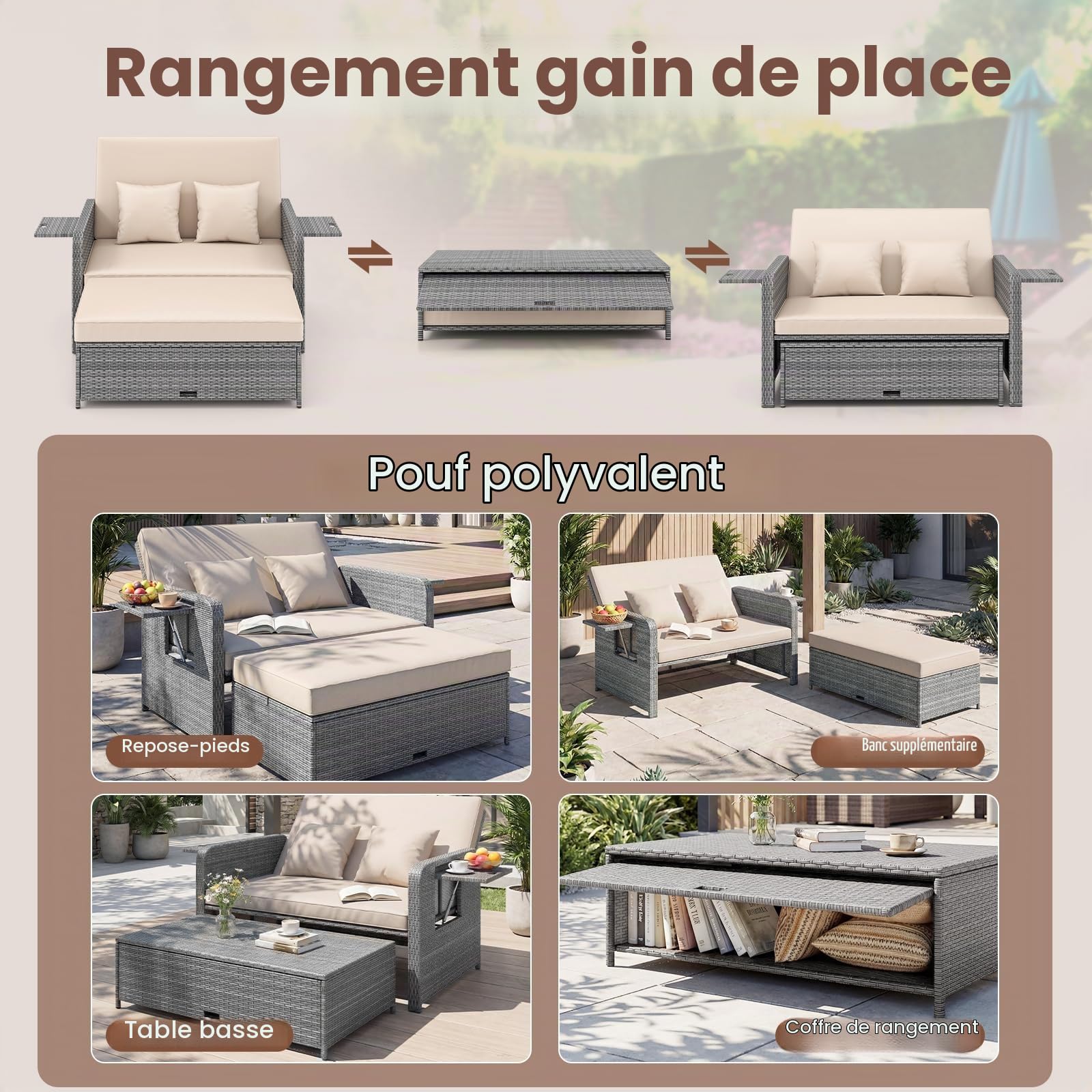 GIANTEX Canape Exterieur Jardin 2 Pièces, Canapé de Jardin 2 Places en Rotin PE, Ottoman de Rangement, Dossier Réglable, Tables d'Appoint Rétractables, Coussins Doux, pour Porche, Patio, Gris+Kaki