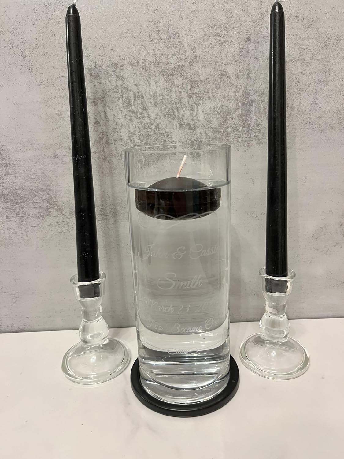 Wedding Unity Candle Set, Floating Glass Holder with Black Taper Candles, Personalized Ceremony Set