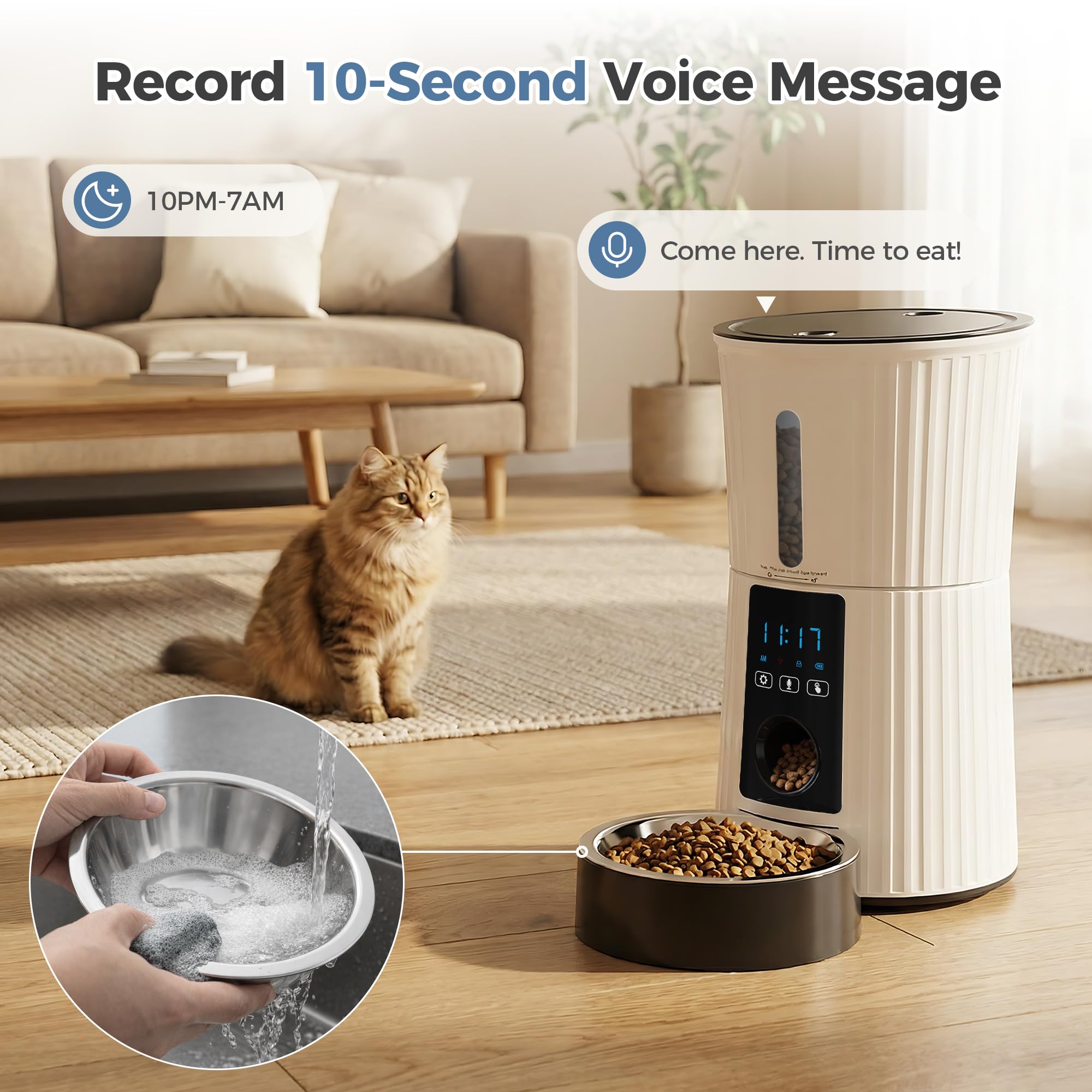 DUMOS Automatic Cat Feeder, 4L Timed Cat Food Dispenser with APP Control, 10s Voice Recorder, Dual Power Supply, 2.4G WiFi Indoor Programmable Pet Feeder with Desiccant for Small Cats and Dogs, White - image 7