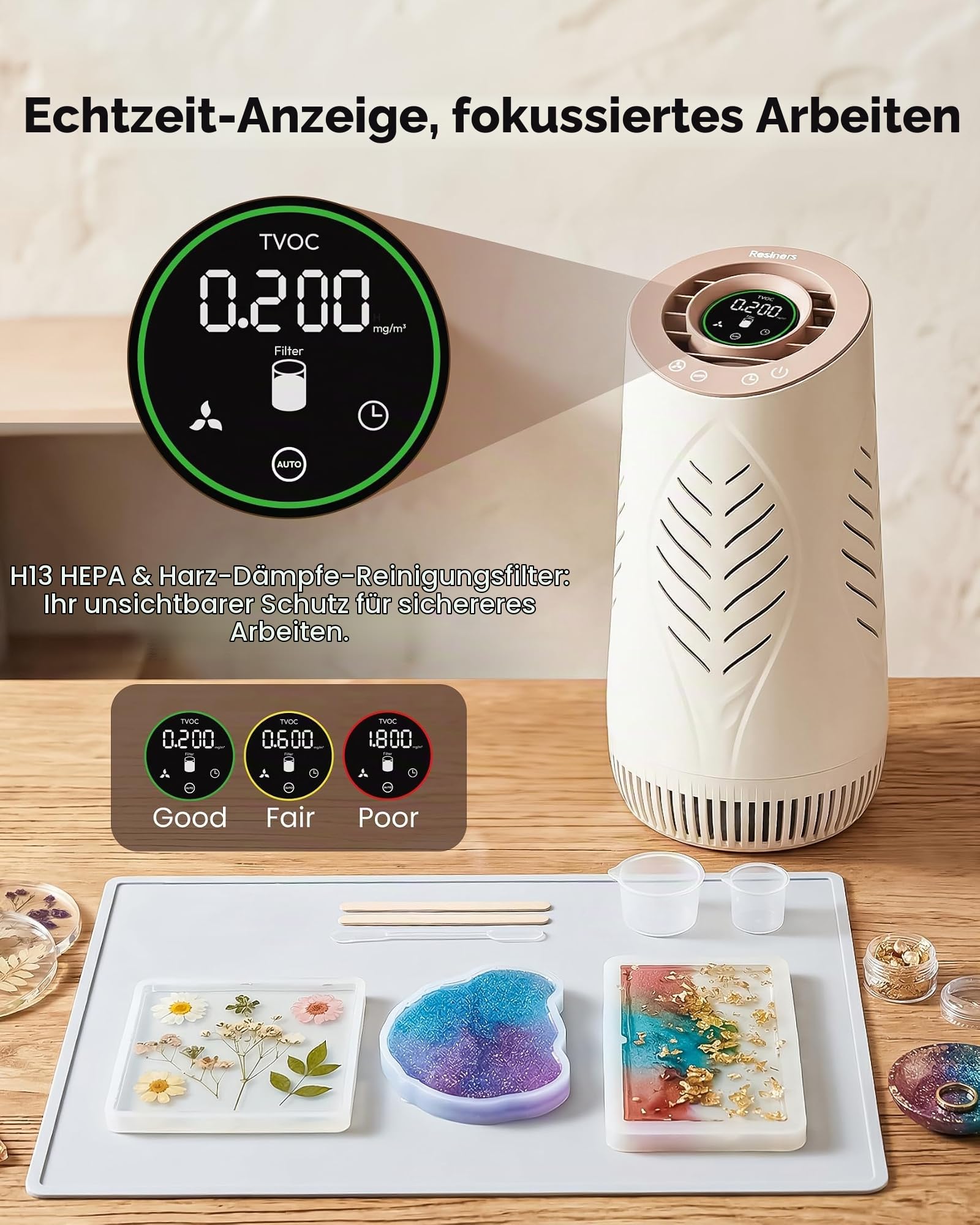 Resiners Resin-Luftreiniger mit H13 HEPA-Filter für Epoxidharz | AirPure Lite, Echtzeit-TVOC-Anzeige, Automatikmodus, tragbar für Epoxidharz-Gießen & DIY-Basteln