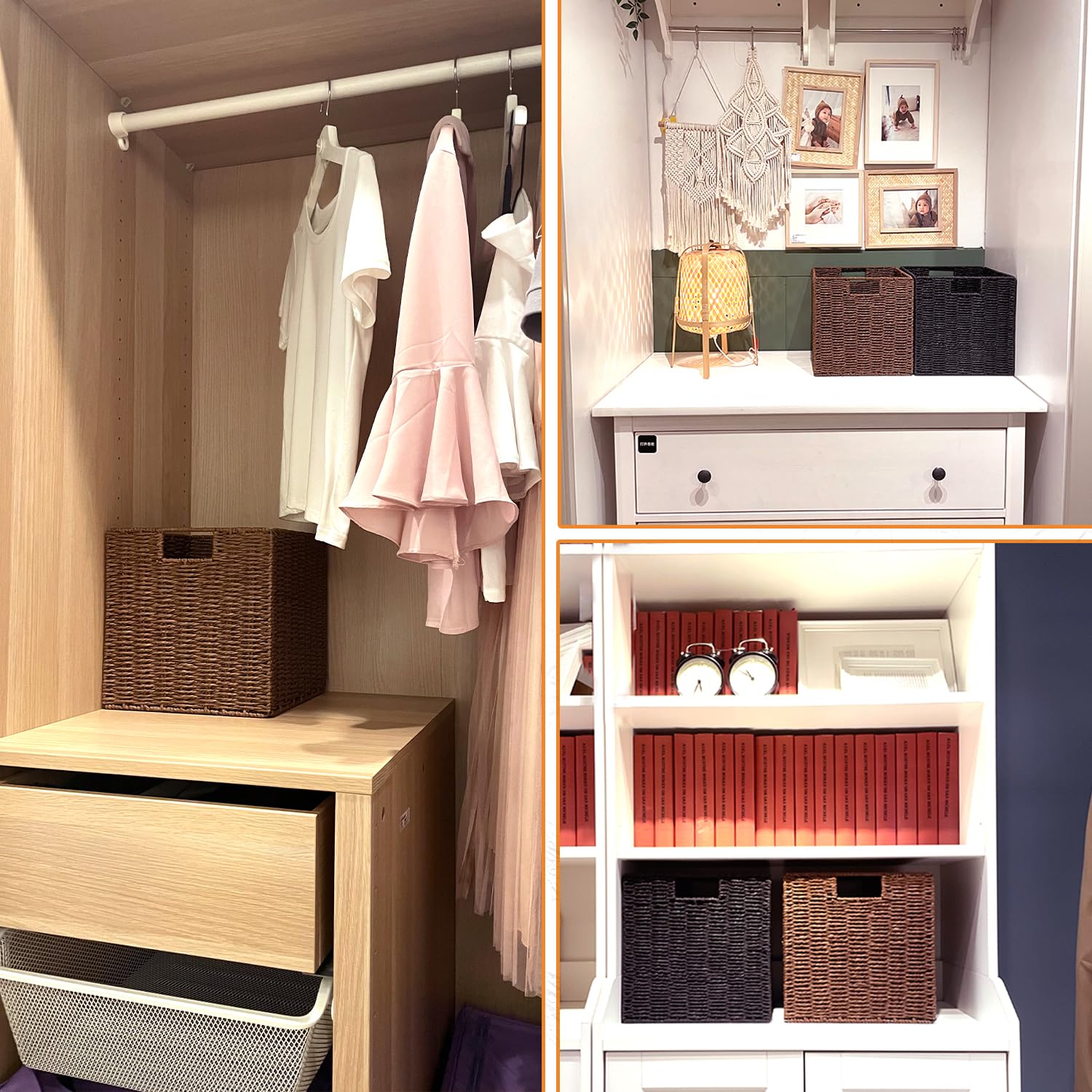 2 Cestas de Almacenaje, Cesta Mimbre Tejidas a Mano Cubo 28CM, Cesta Grande Plegable de Papel de Jacinto de Agua con Asas, Cesto Decorativo para Baño Estanterías Kallax Cocina
