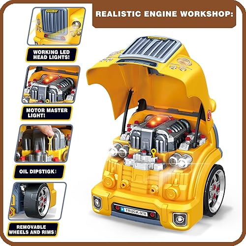 Miniatura 4 de MUGEYMYD Juguete de motor de camión grande para niños de 3 a 5 años, vehículo de motor desmontable con luz y sonido, juego de taller mecánico para