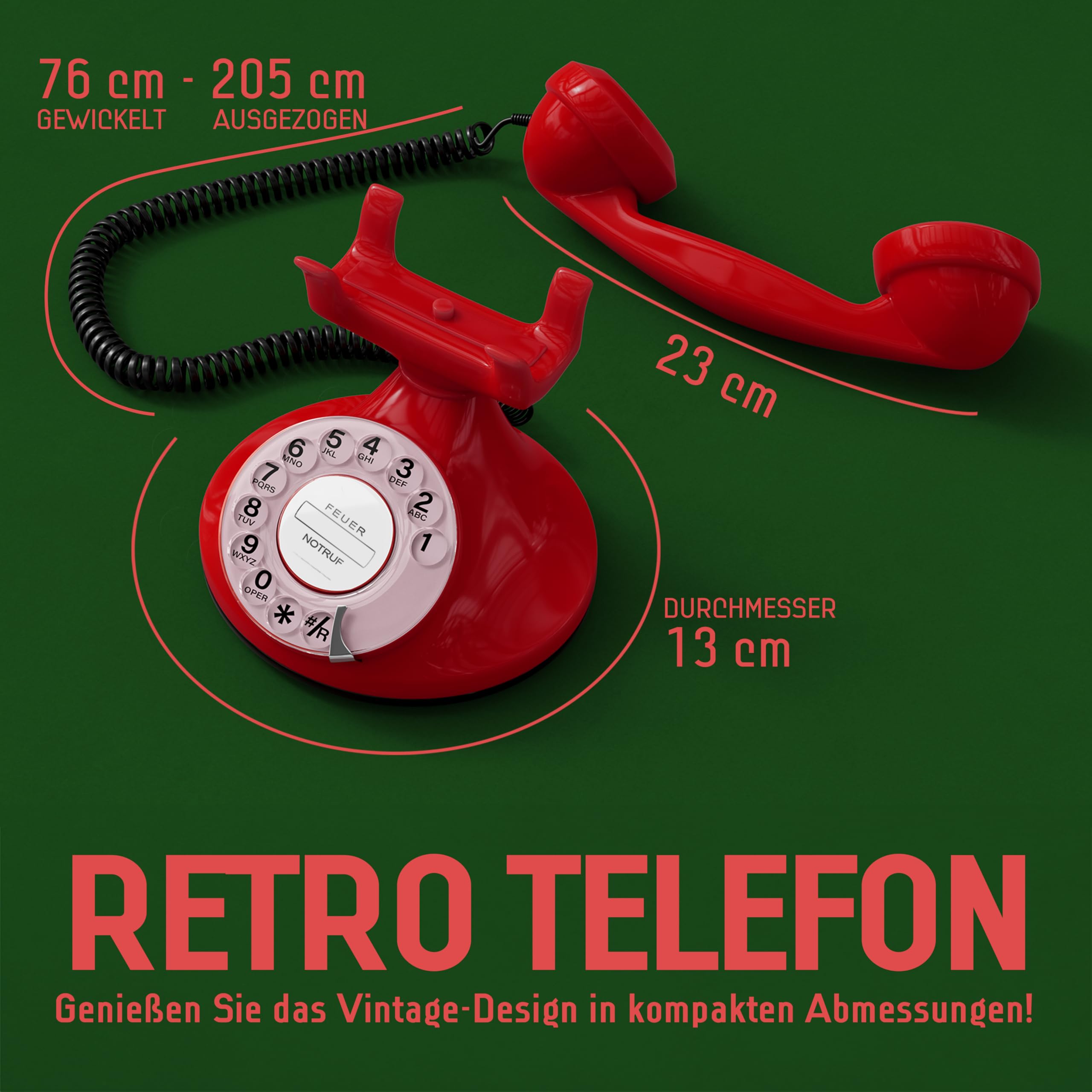 Opis FunkyFon Cable : Das Nostalgie Retro Telefon mit Wählscheibe - Nachbau von klassischem Vintage Wählscheibentelefon im geschwungenem 1920er Stil mit elektronischer Klingel (rot)