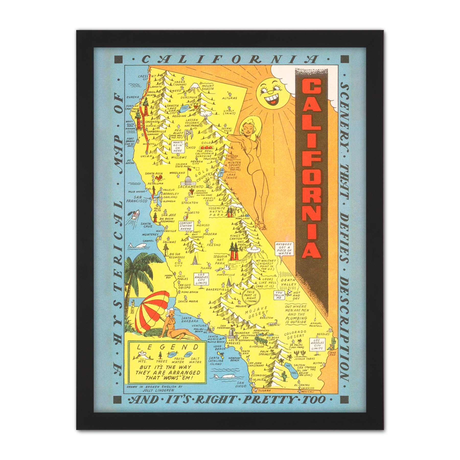 Artery8 Map Lindgren 1948 California Pictorial Artwork Framed Wall Art Print 18X24 Inch