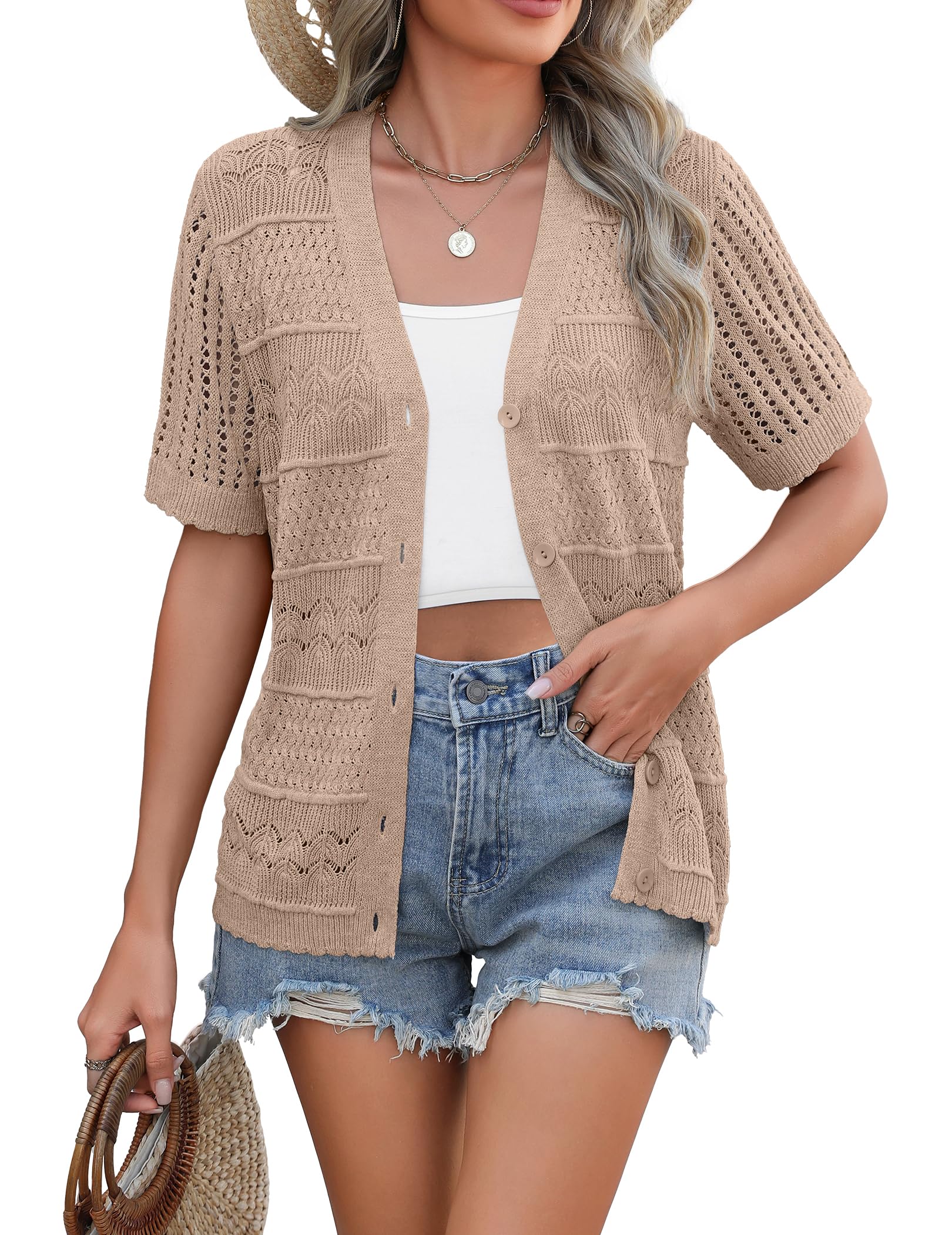 Zeagoo Women's 2026 Summer Short Sleeve Crochet Cardigan V Neck Cropped Lightweight Button up Bolero Shrug Sweater