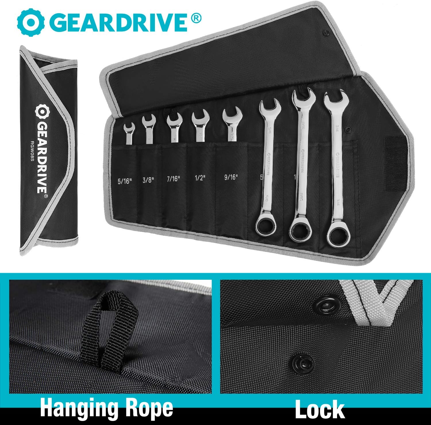 Ratcheting Combination Wrench Set, SAE, 8-piece, 5/16" to 3/4", Chrome Vanadium Steel, with Carrying Bag