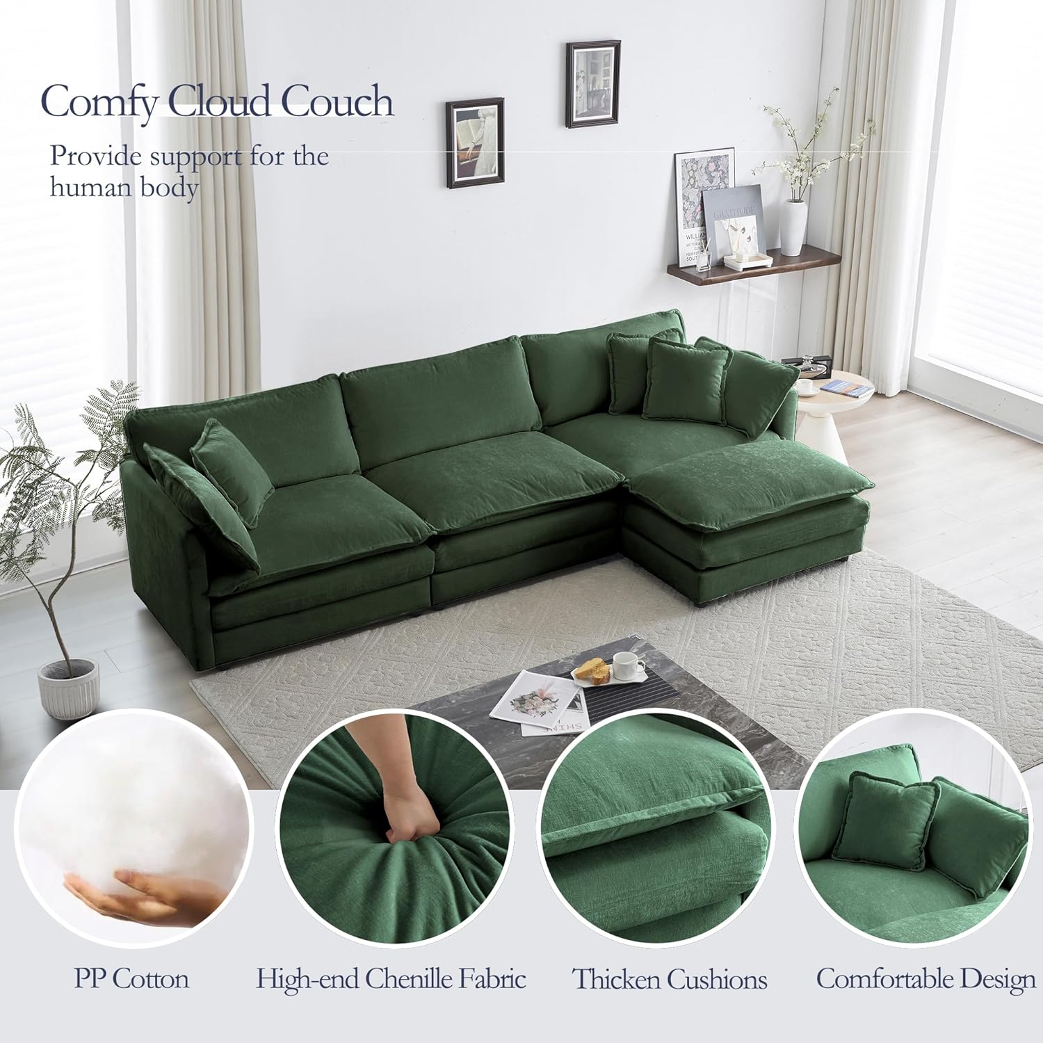 GNIXUU 111.5" Modular Sectional Sofa, Comfy Green Couch