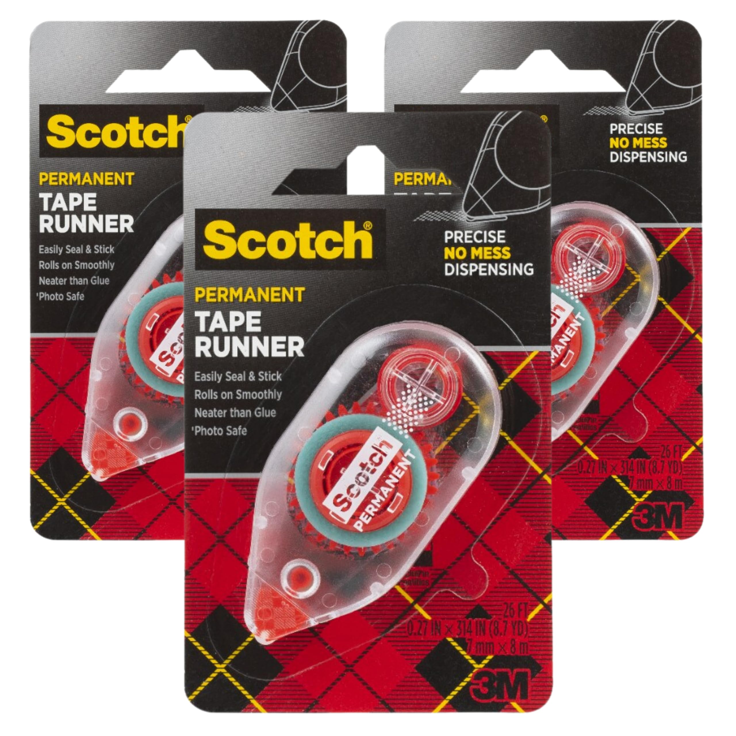 Photo 1 of Scotch 6061 Scotch Double Sided Adhesive Roller Tape Runner, Permanent, Acid-Free, Photo-Safe Adhesive for Scrapbooking, Photo Mounting, and Crafts, 0.27 in x 26 ft per Roller, Pack of 3