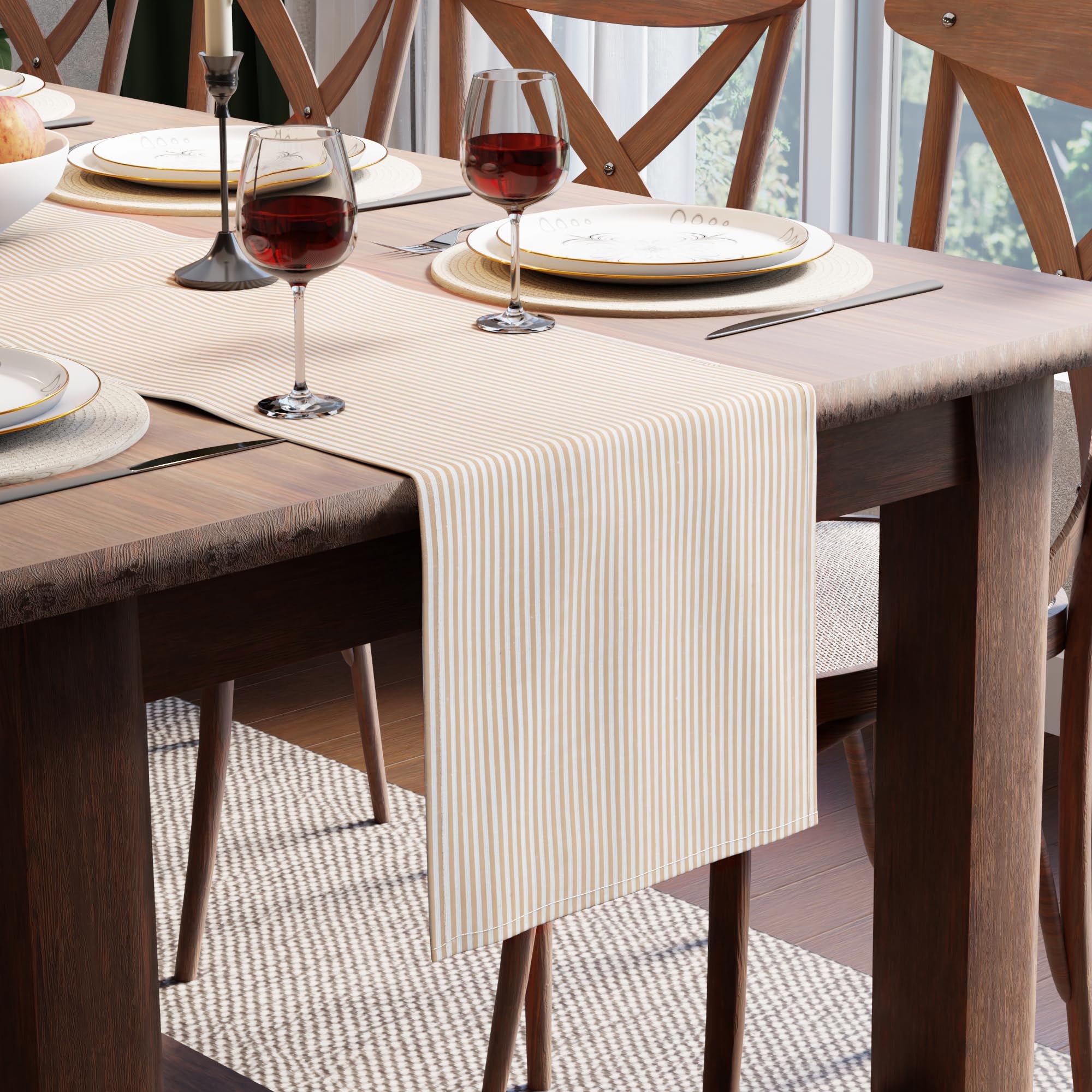 Encasa XO Cotton Dining Table Runner, Checks & Stripes 32x150 cm Beige — image 1