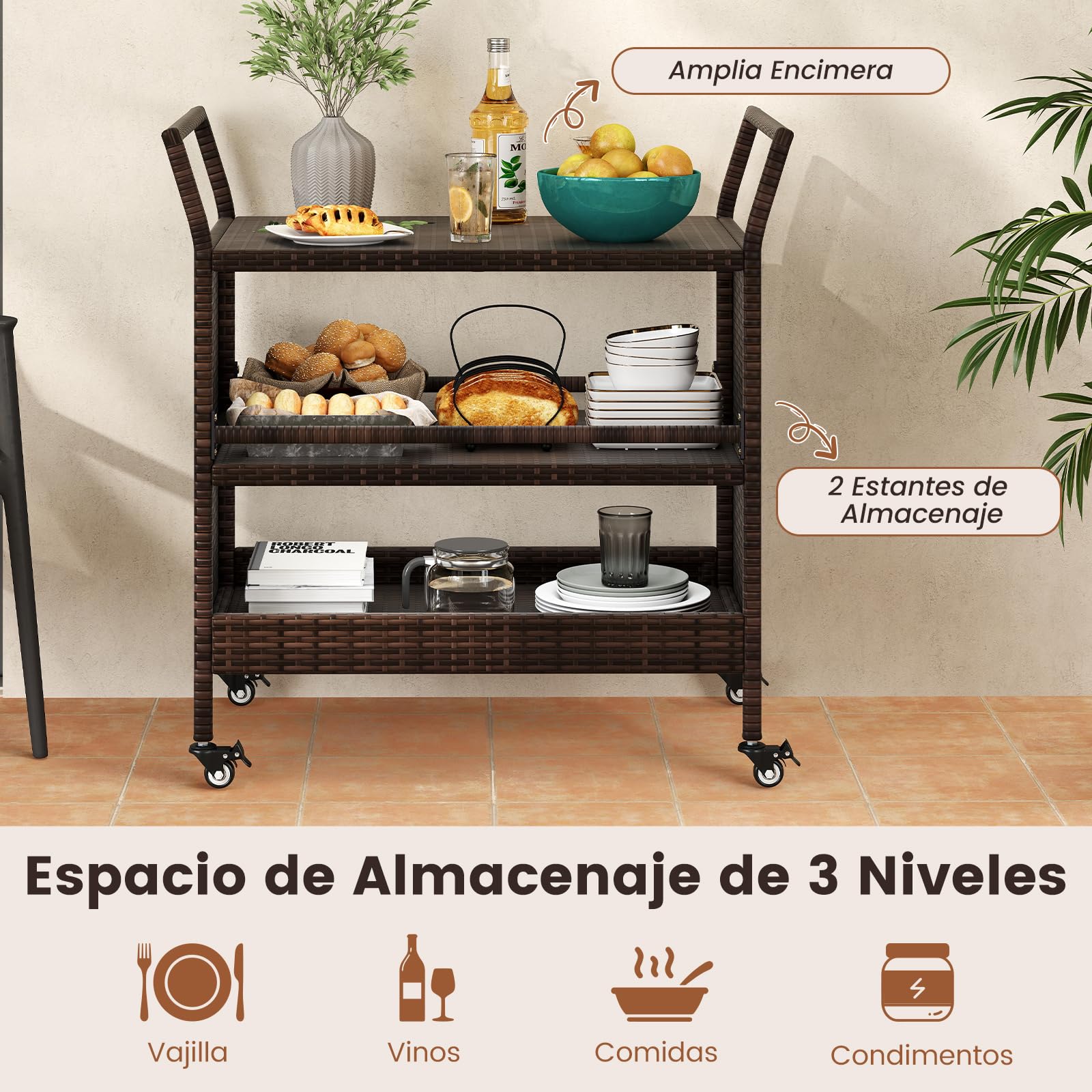 COSTWAY Carrito de Cocina de Ratán, Carro de Servicio Portátil de 3 Niveles con 4 Ruedas Bloqueables y Asas Laterales, Mesa de Exterior para Jardín y Patio, Color Marrón Mixto, 86x50x89cm