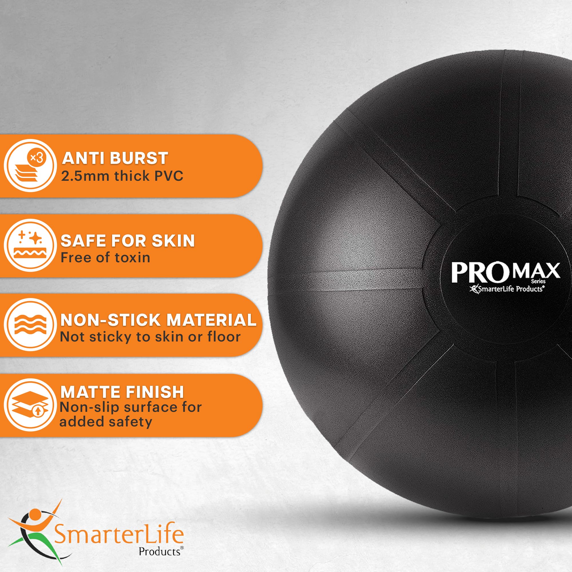 SmarterLife PRO MAX Gymnastikball für Stabilitätstraining, Fitness, Schwangerschaft, Yoga, Pilates, Heimstudio, Physiotherapie, Geburt, Balance Ball Stuhl (65cm, Silber)