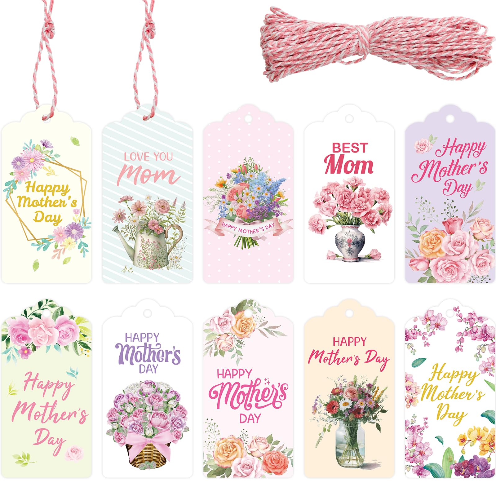 Mother's Day Paper Gift Tags Label 80PCS Happy Mothers Day Hanging Labels Floral Best Mom with Twines for DIY Crafts Party Gift Wrapping
