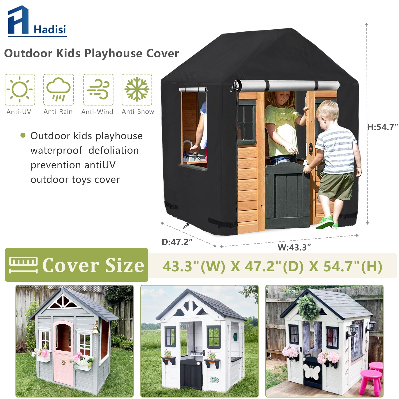 Hadisi Outdoor Kids Playhouse Cover,Waterproof Cover for Backyard Discovery Outdoor Wooden Playhouse and Other Brands Kids' Playhouse of The Same Size(Black-43 W x 47