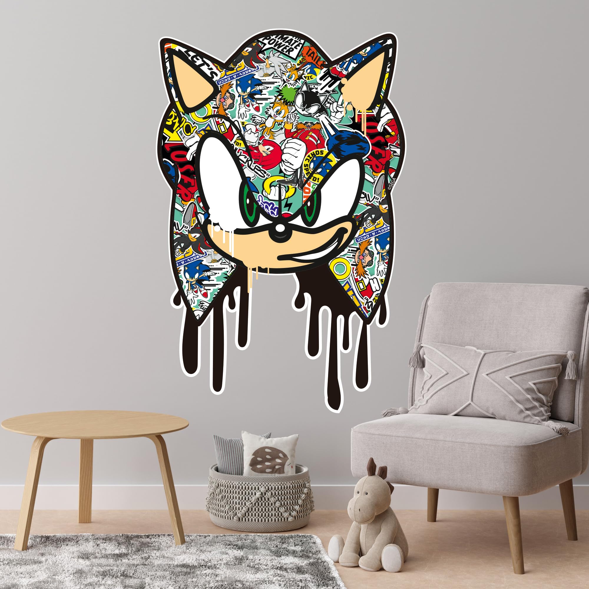 Themed Blue Sonic The Hedgehog Wall Sticker - Sonic Head Dripping Graffiti Wall Art (90Cm Width X 60Cm Height)