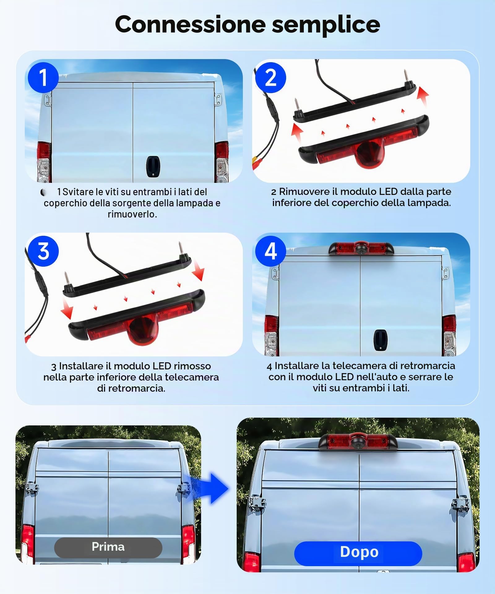 Rimoody Terza Luce di Stop Telecamera Posteriore per FIAT Ducato late 3 gen 2006-2017/Peugeot Boxer 2006-2017/Citroen Jumper 2006-2017, Visione Notturna IR/Impermeabile IP67/Angolo Regolabile AHD&CVBS