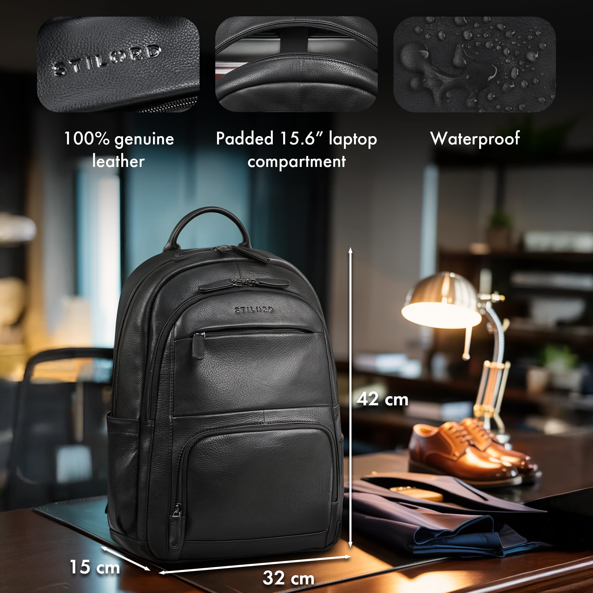 STILORD 'Ramiro' Grande Mochila Hombre Trabajo de Cuero Auténtico - Backpack Travel Robusta Muchos Compartimentos para Portátil de 15,6-16' con Sujeción para Trolley, Color:Negro