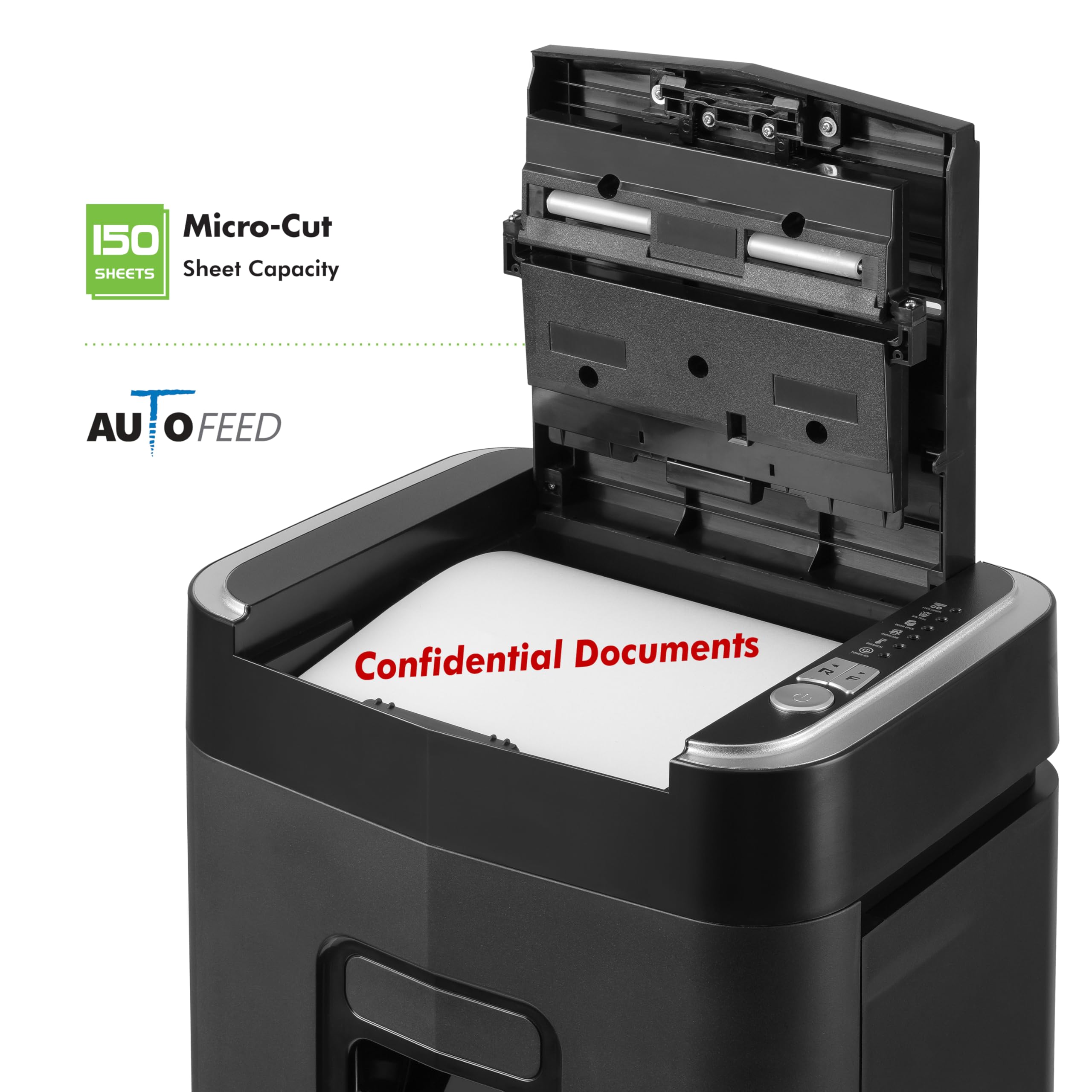 Aurora Trituradora de Papel microcortado y Tarjetas de crédito de Grado Comercial de 150 Hojas de alimentación automática con Cesta extraíble de 6.3 galones/Tiempo de Funcionamiento Continuo de 60