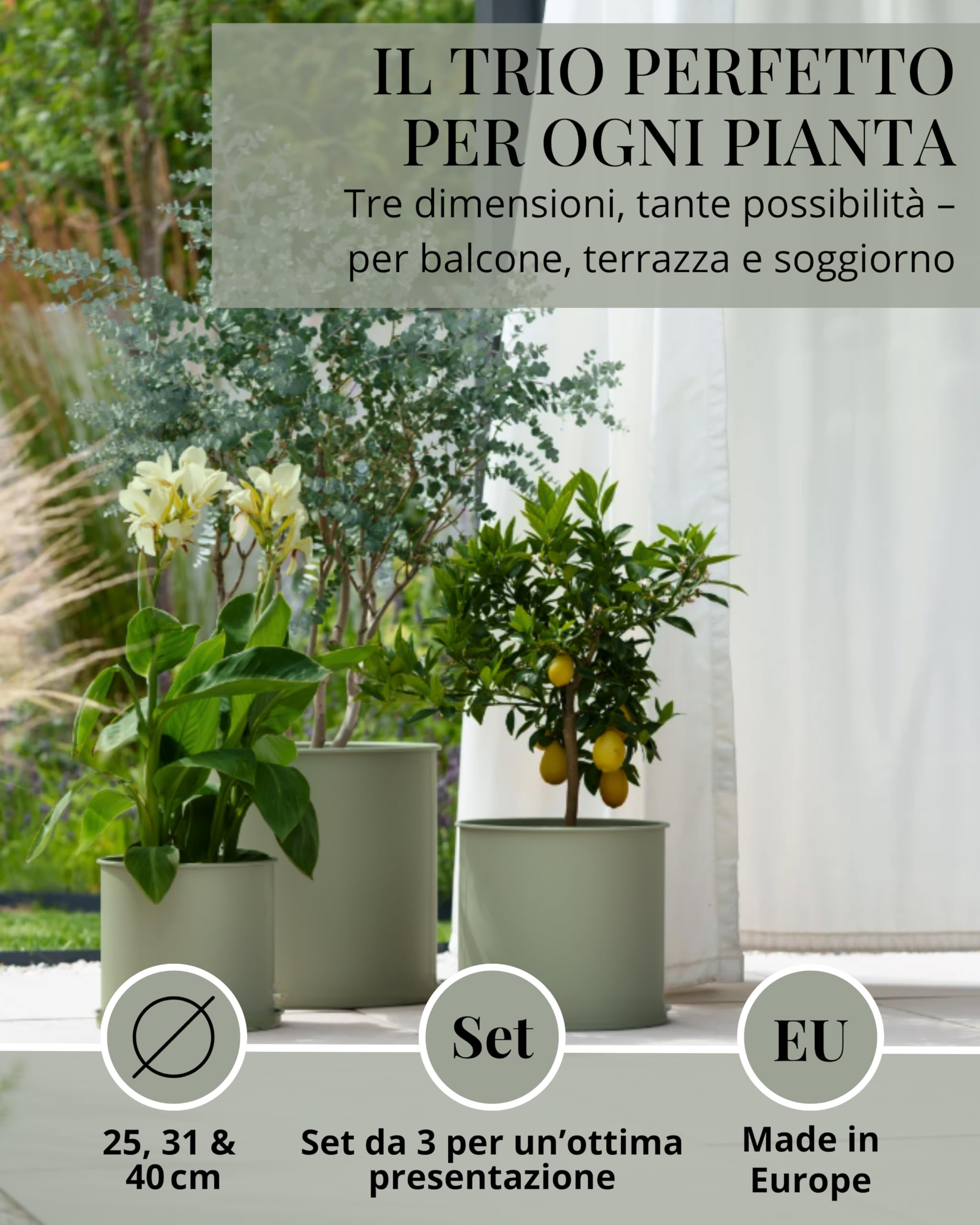 LIVLIG - Set di 3 vasi da fiori, 25 cm, 31 cm e 40 cm, grandi per esterni e interni, vasi zincati, colore: verde