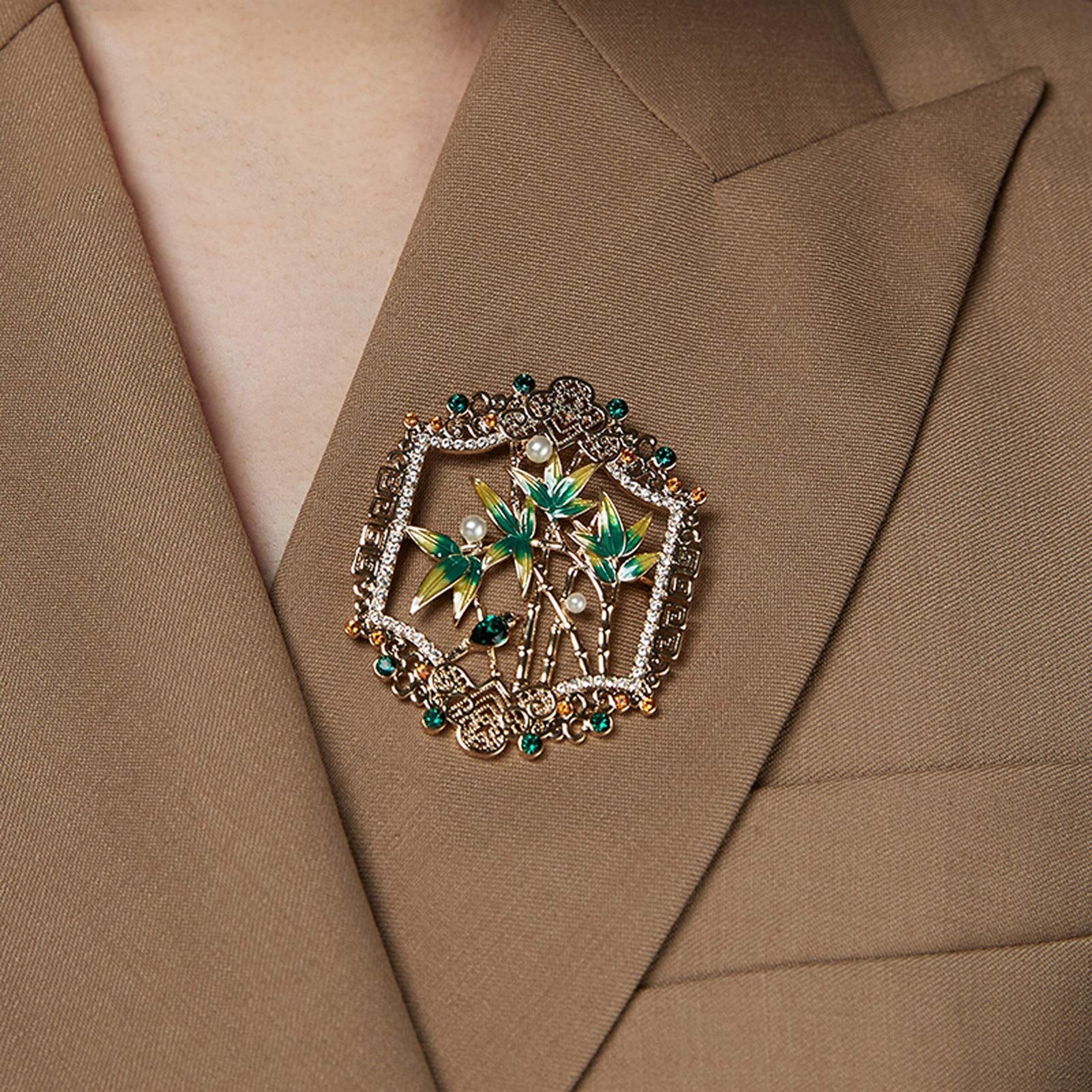 Broche Elegante único bambú Verde Broche de Solapa Bufanda Ropa Corsage Damas cumpleaños Boda Boda Accesorio Accesorio joyería Decorativo broches