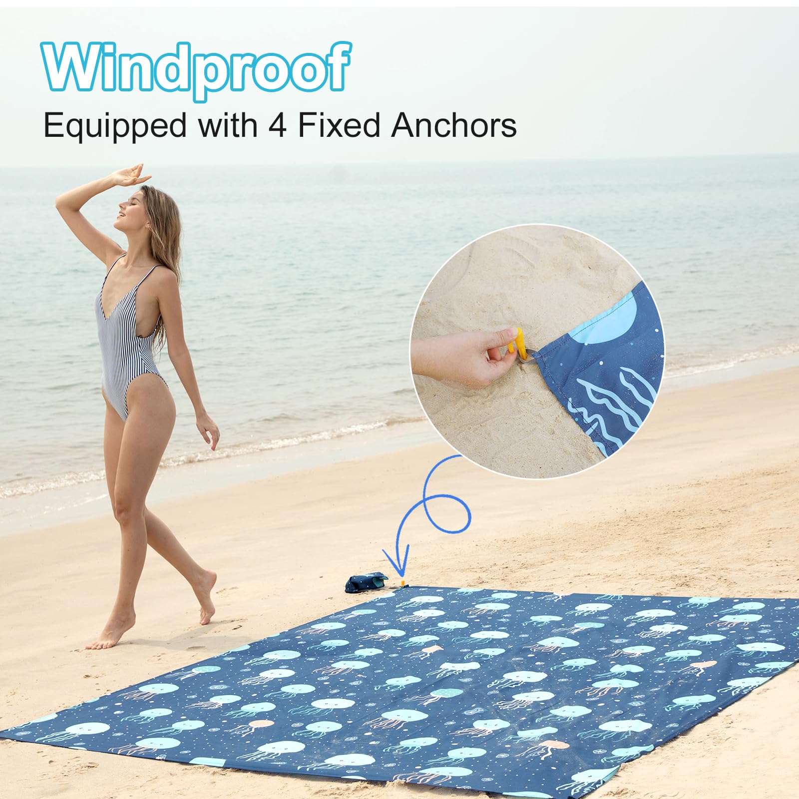 ISOPHO Coperta da spiaggia, Coperta da picnic, Tappetino da spiaggia antisabbia, Leggero e resistente per campeggio, viaggi, picnic sulla spiaggia (blu, 200 x 220cm)
