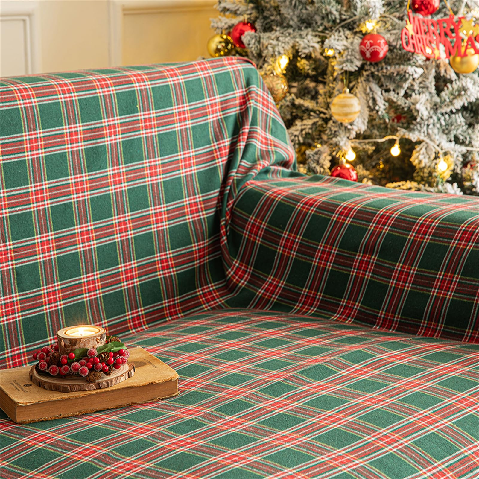 Manta para Sofá Navidad con Flecos, Funda de Sofá Navideñas Manta Microfibra para Cama, Manta de sofá de Cama o de Sala de Estar Lavable Protector (Rojo Verde,180x300cm)