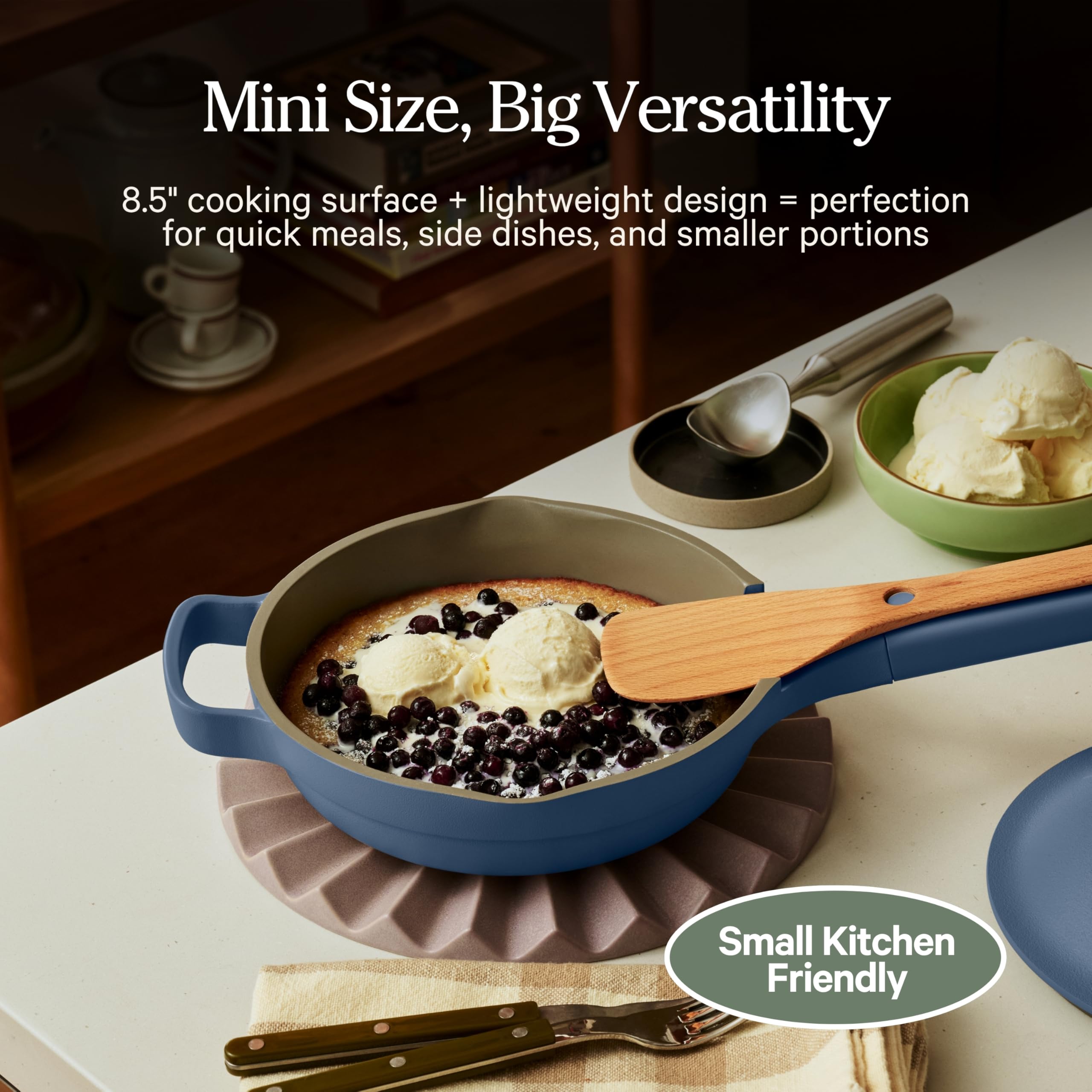 Our Place Mini Always Pan | 21,6 cm Keramikpfanne mit modularem Deckel und Buchenholzspatel | Patentiertes 10-in-1-Antihaft-Kochgeschirr ohne PFAS | Induktions- und ofenfest bis 230 °C | Blaues Salz