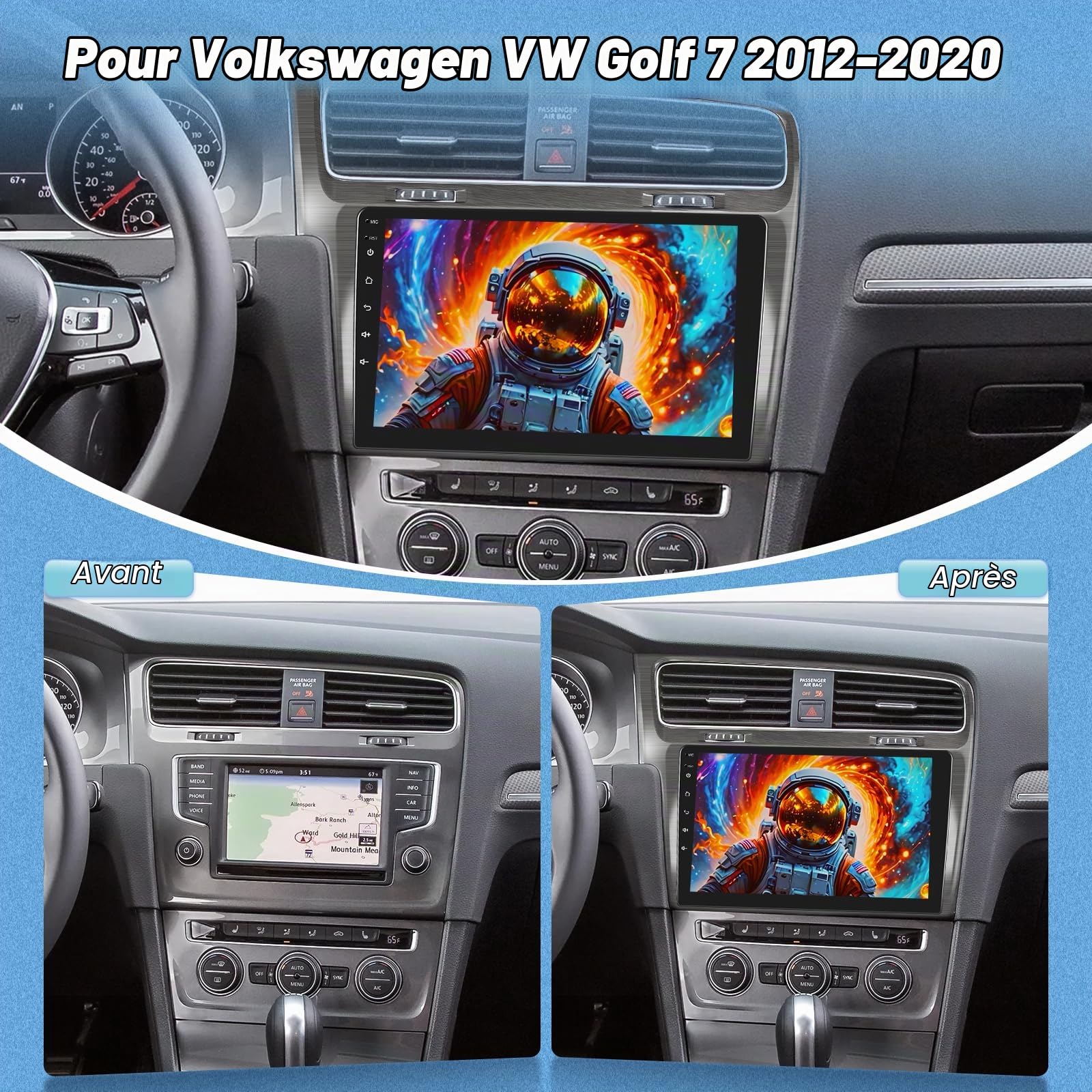 Autoradio pour Volkswagen VW Golf 7 2012-2020 avec Carplay & Android Auto | 2G+64G Autoradio à Écran Tactile 9 Pouces avec Wireless Carplay & Android Auto, WiFi, Navigation GPS, Bluetooth, FM RDS